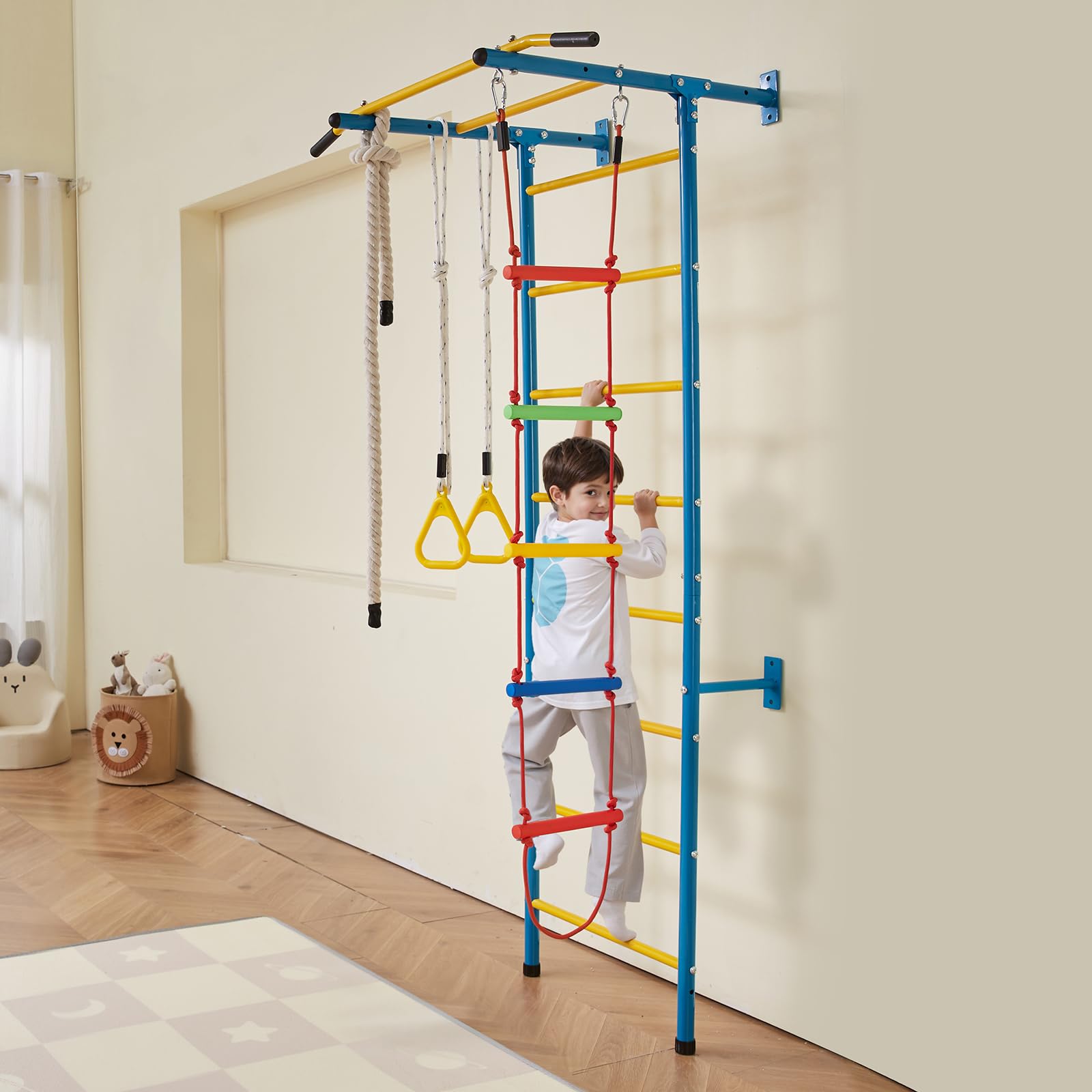 VEVOR 5 en 1 Juego de Escalada para Niños con Escalera Sueca de Acero al Carbono, Escalera de Pared, Barra de Dominadas, Escalera de Cuerda y Anillos de Gimnasia, Carga de 99,8 kg, Multicolor