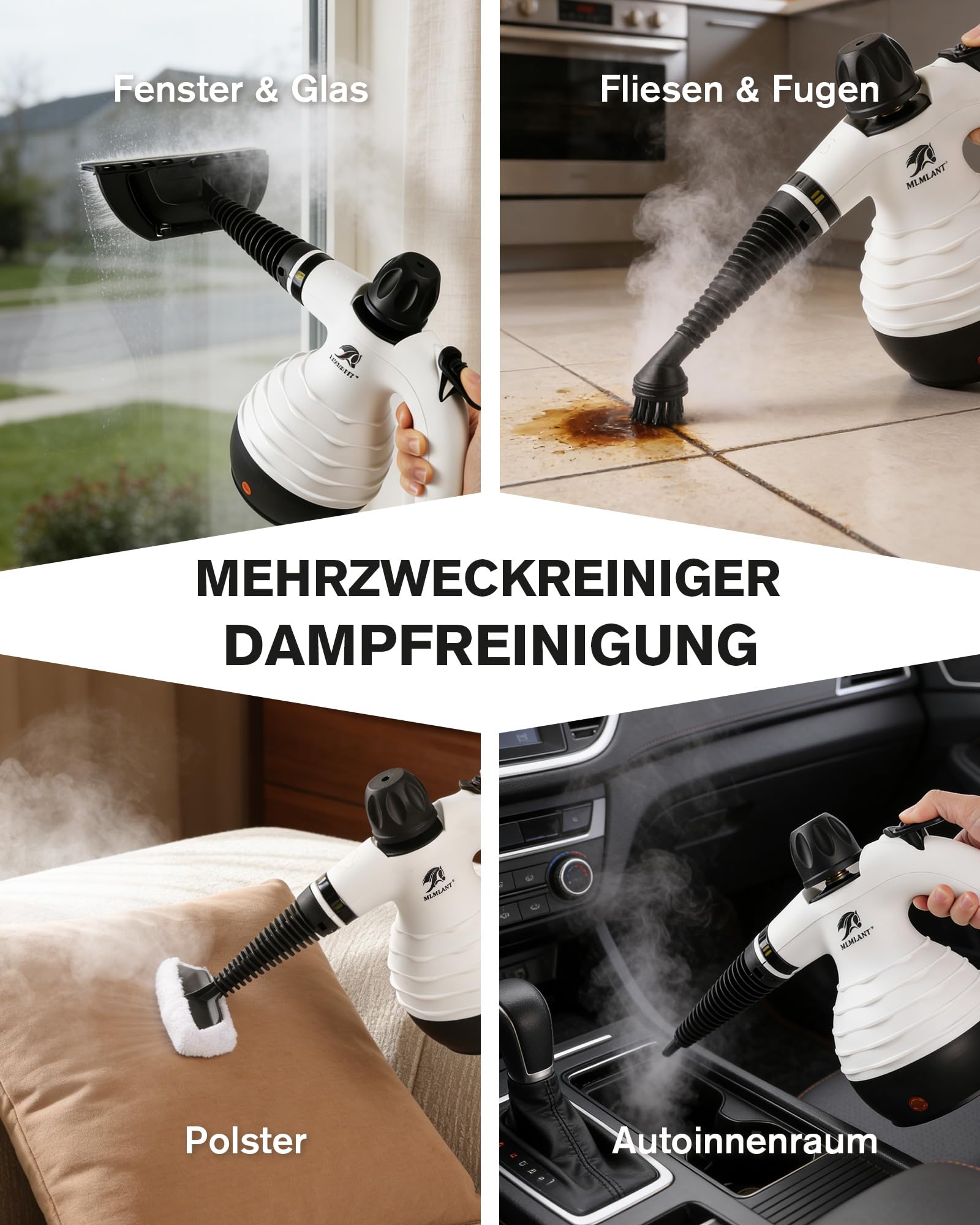 MLMLANT Dampfreiniger, Multifunktionaler Tragbarer Dampfreiniger mit Sicherheitsverriegelung und 10-teiligem Zubehörset, geeignet für Teppiche, Sofas, Polstermöbel, Matratzen, Autositze, und mehr