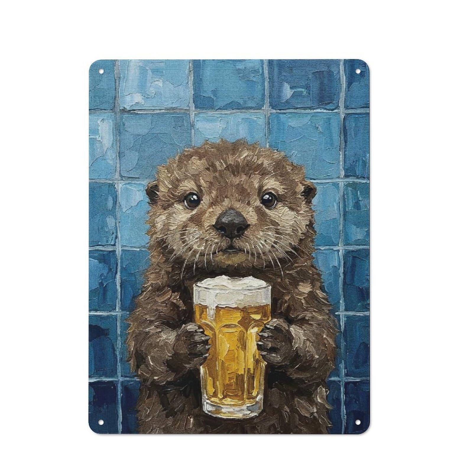 Garage Style Otter with Beer Painting Decorative Metal Plaque 40x30cm, Garage Wall Decor for Workshop, Basement, Shed Or Games Room
