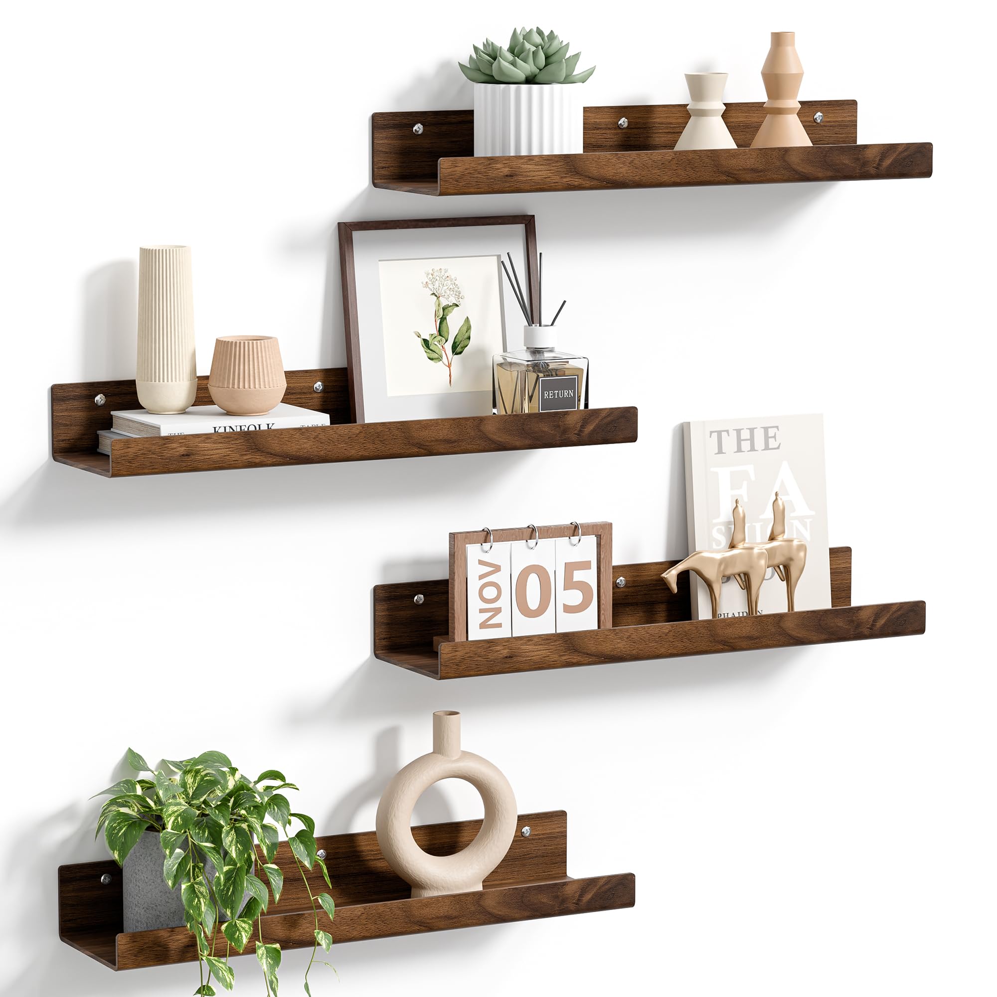 upsimples 4 Pcs 15" Acrylic Shelves for Wall Decor and Display, Walnut | Cute Floating Shelf for Perfume, Skincare, Nail Polish, Wall Organizer for Bedroom, Living Room, Playroom, Room Décor