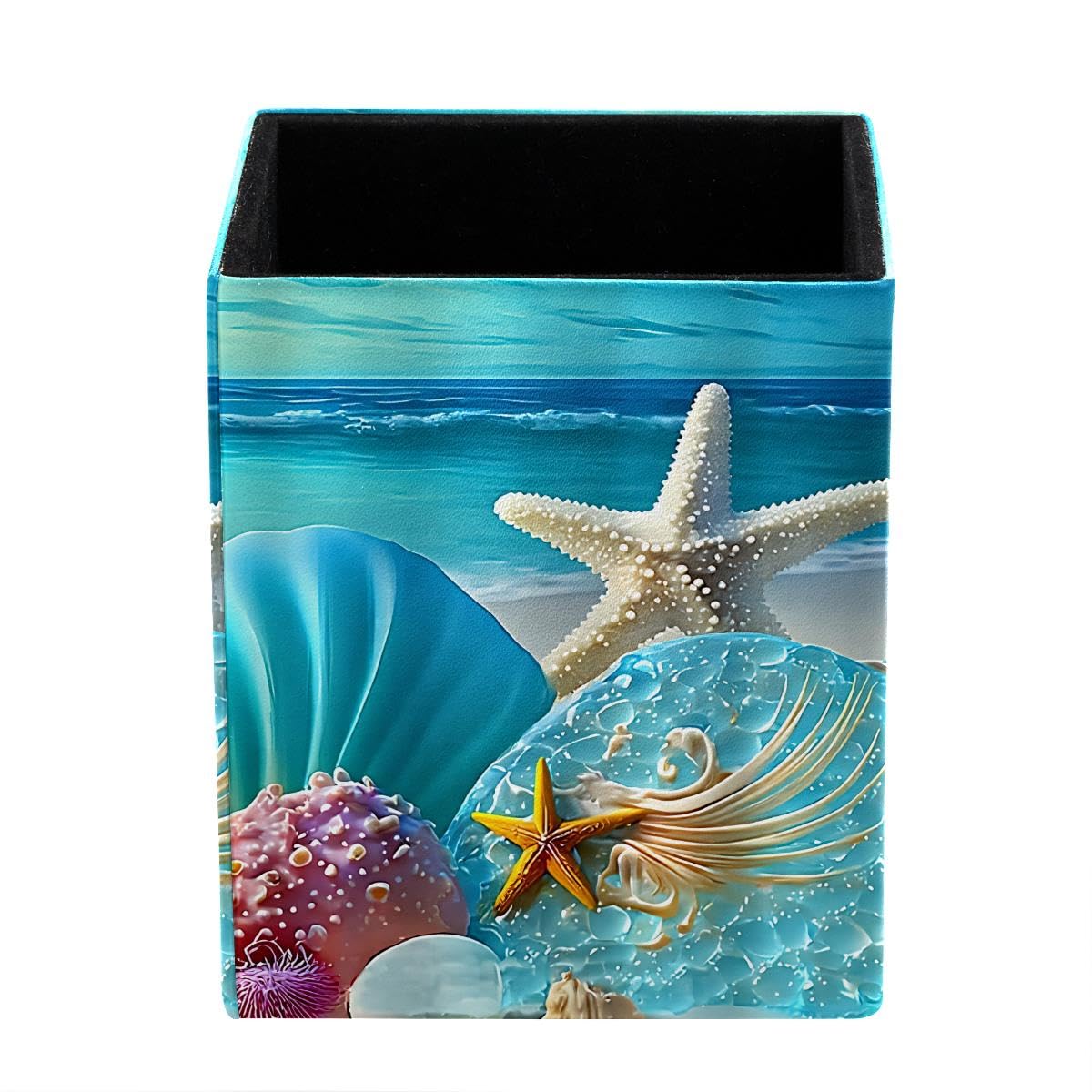 Seashell Conch Starfish Pen Holder Pen Pot, Square Pencil Cup for Desk