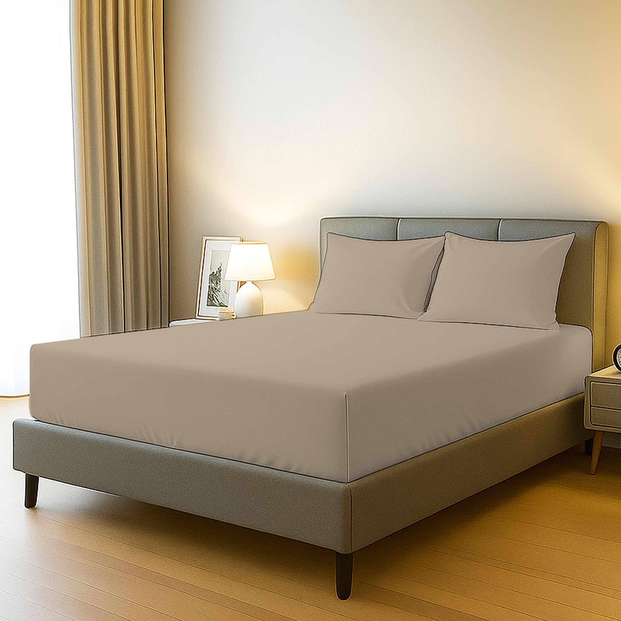 Bloombedding Beige 100% Egyptian Cotton 400Tc 3Pc Single Fitted Sheet Set, 40Cm Deep Pocket