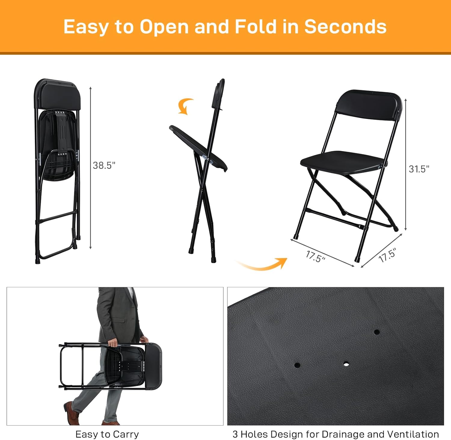 30pcs Folding Chair, Plastic Chairs with 330-Pound Capacity, Easy to Fold and Store Suitable for Indoor & Outdoor, Wedding, Party, Restaurant, Meeting Room, Patio and Garden, Black