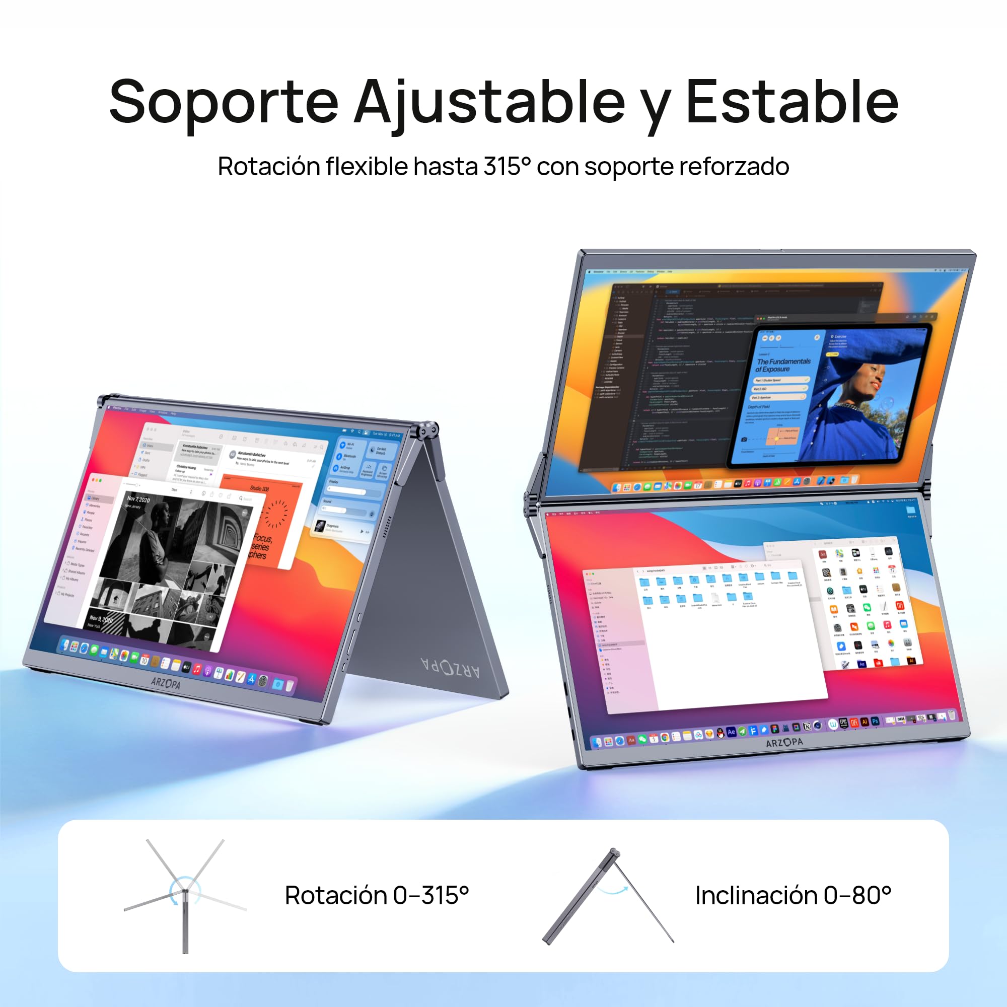 ARZOPA Monitor Portátil Doble Pantalla 15,6”, Pantallas FHD Plegables IPS, Extensor de Pantalla para Portátil con USB-C/HDMI, Ideal para Trabajo y Estudio - E1
