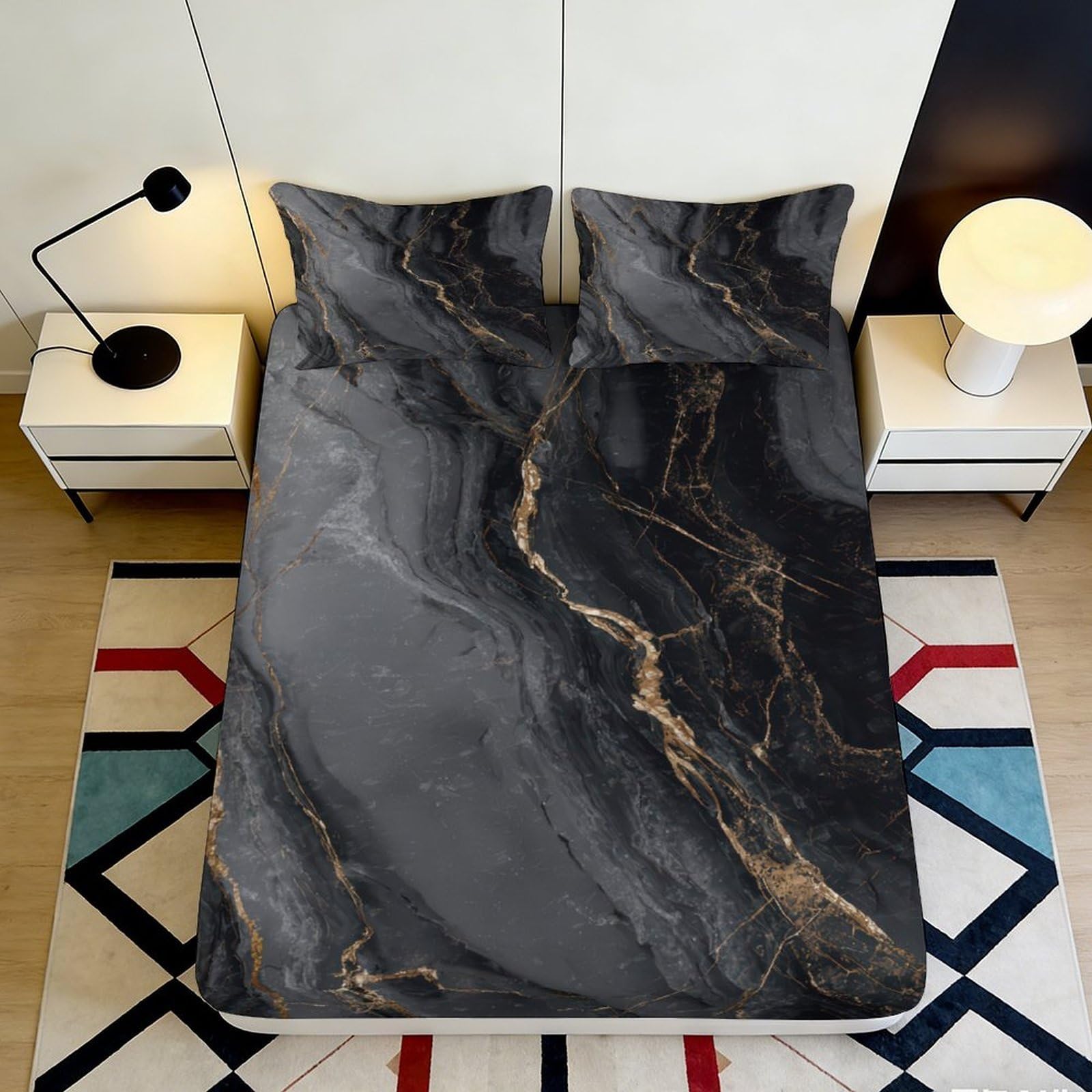 Jqzkxnhpbr Style-9 3D Printed Black Marble Fitted Sheet Microfiber Soft Bed Cover Golden Veins Mattress Protector For Bedroom Home 90X200x25cm