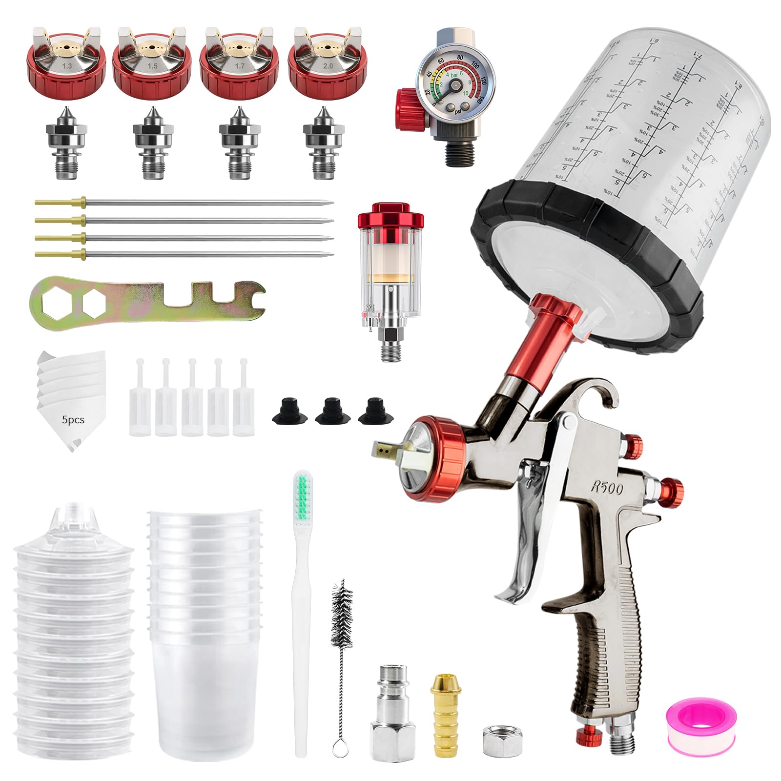 R500 LVLP Luftspritzpistole Spritzpistole Lackierpistole Druckluft 10 Einwegbecher 650 ml Düsen 1,3/1,5/1,7/2,0 mm Autolackierung