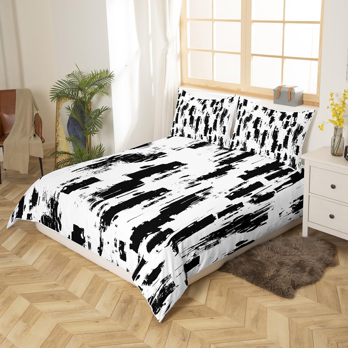 jejeloiu Black White Duvet Cover Toddler Size Kids Abstract Art Comforter Cover Set for Boys Girls Teens Modern Art Bedding Set Breathable Geometric Bedspread Cover Room Decor Quilt Cover
