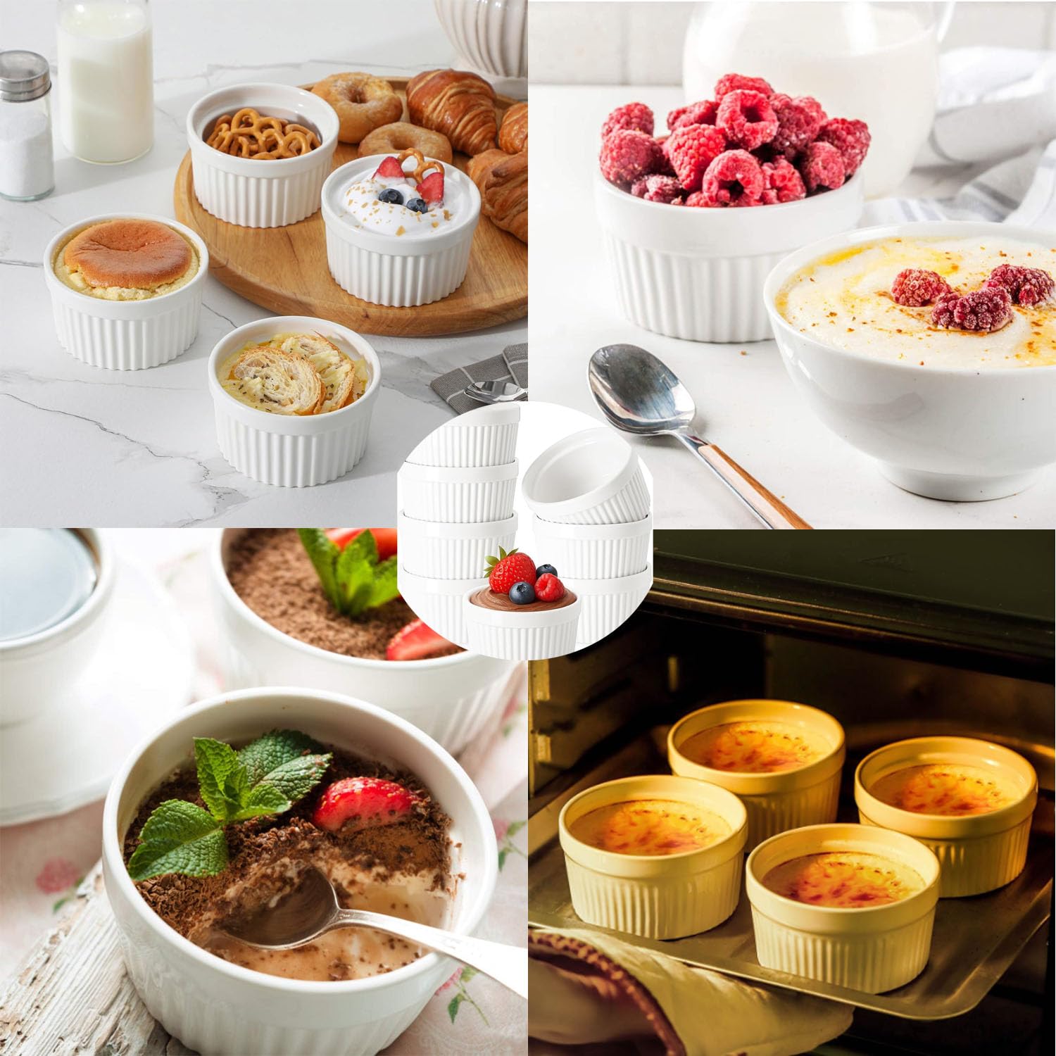 6 Pirottini in crema Brulee, resistenti al forno, in ceramica, per ciotole per ragout fini, per muffin, panna cotta, 10 cm, bianco
