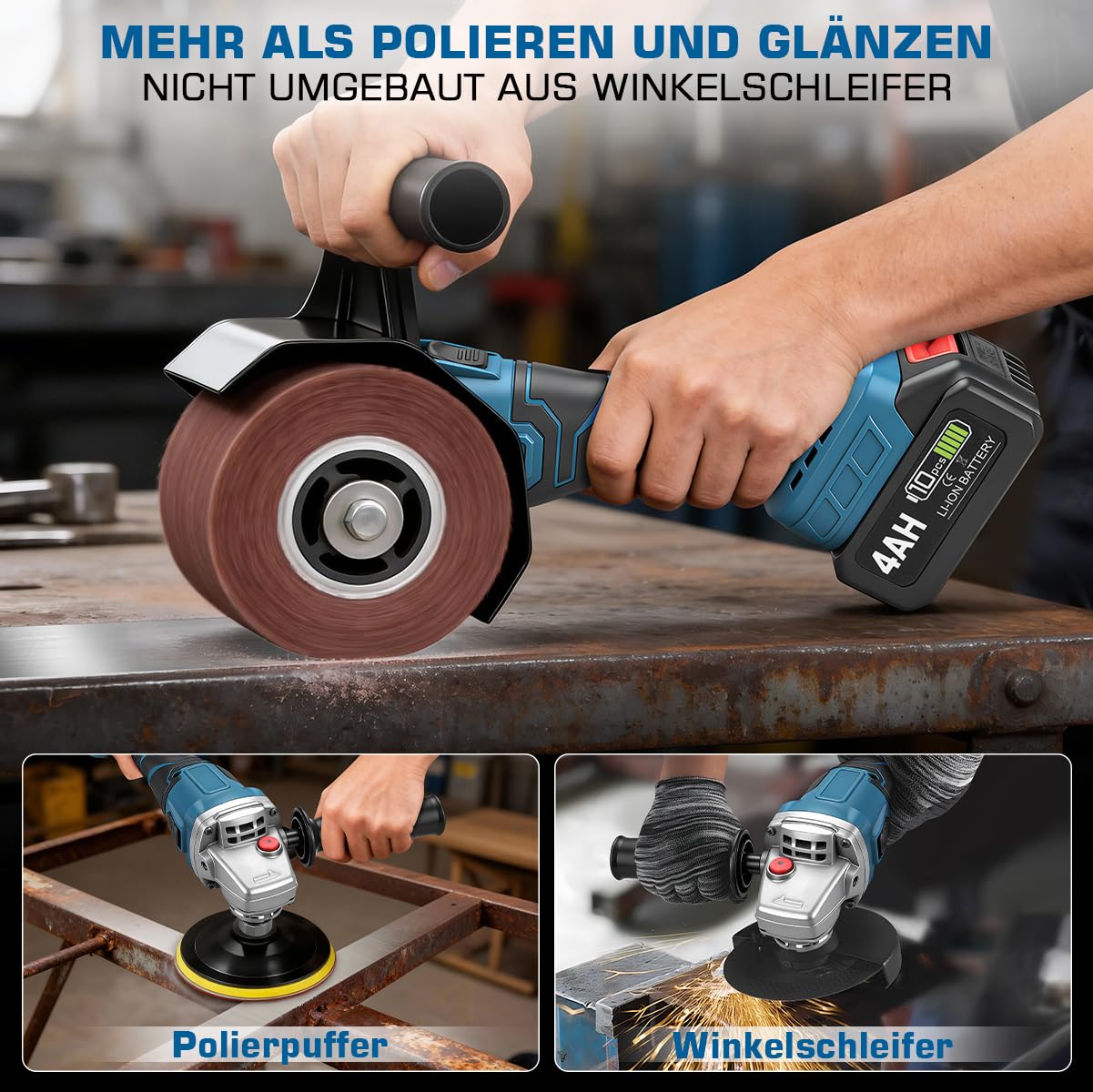 3 IN 1 Satiniermaschine & Poliermaschine & Winkelschleifer, 1200W Akku-Bürstenschleifer Brushless, 5500-9000U/min, 2x4.0Ah Akkus, 3 Drehzahlregelung, ⌀120mm Polierrad, Kompatibel mit Makita-Akkus