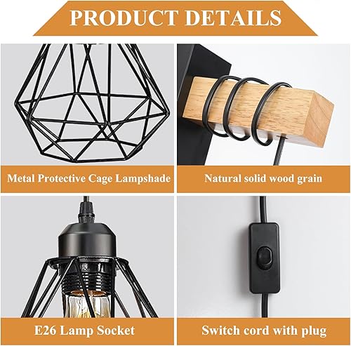 Miniatura 4 de Juego de 2 apliques de pared enchufables, luces de pared de granja con cable de enchufe, lámpara de pared rústica negra para dormitorio, mesita de