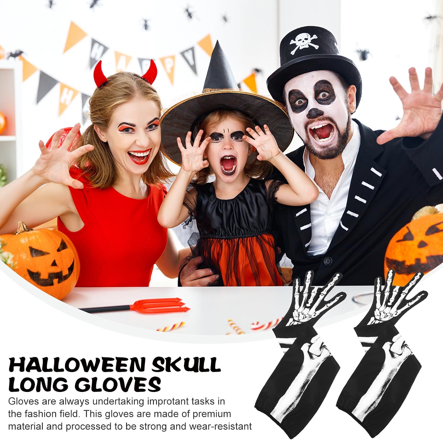 Halloween Skeleton Gloves Long Arm Full Finger Cosplay Gloves Skull Bone Pattern Black Gloves Zombie Party Costume Party Supplies/35973