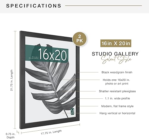 Miniatura 4 de MCS Studio Gallery Marco para póster de 16 x 20 pulgadas, imitación de veta de madera de color negro, colgar en horizontal o vertical, grande