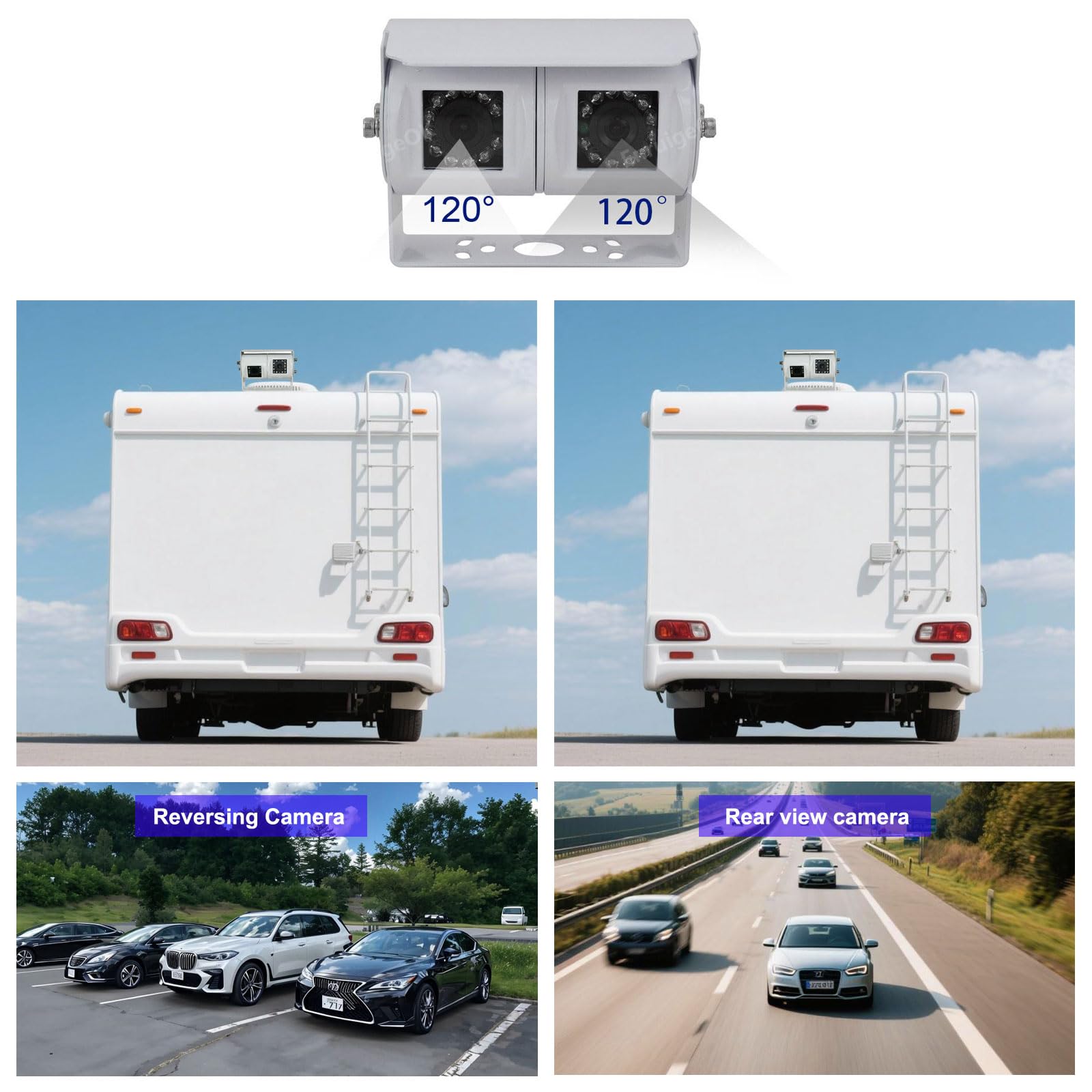 4PIN White Dual Lens RVs Reversing Camera with 7 inch Rear View Mirror Monitor, Night Vision Waterproof Reverse Backup Camera for Motorhome Truck Caravan 12V-24V