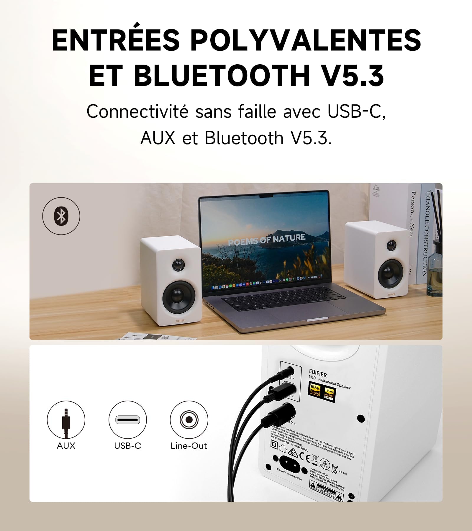 Edifier M60 2.0 Haut-parleurs Bibliotheques Bluetooth 5.3 66W RMS Audio Hi-Res LDAC Basses 3" Tweeter 1" USB-C AUX Blanc