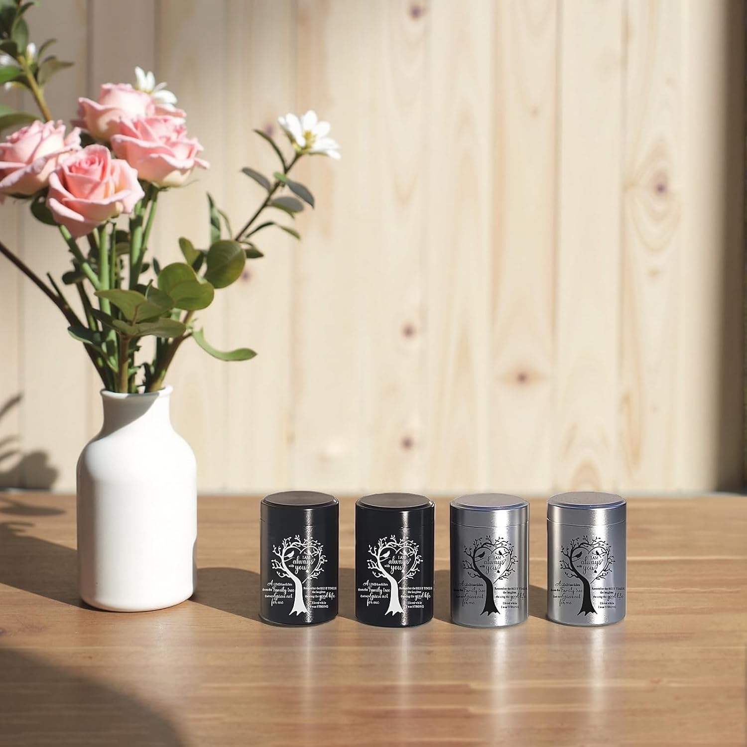Mini Cremation Urns for Human Ashes Set of 8 Small Sharing Keepsake Urn Aluminum Alloy Decorative Memorial Ashes Holder with Tree of Life Design Black Silver Portable Tribute for Loved Ones (XTG-01)