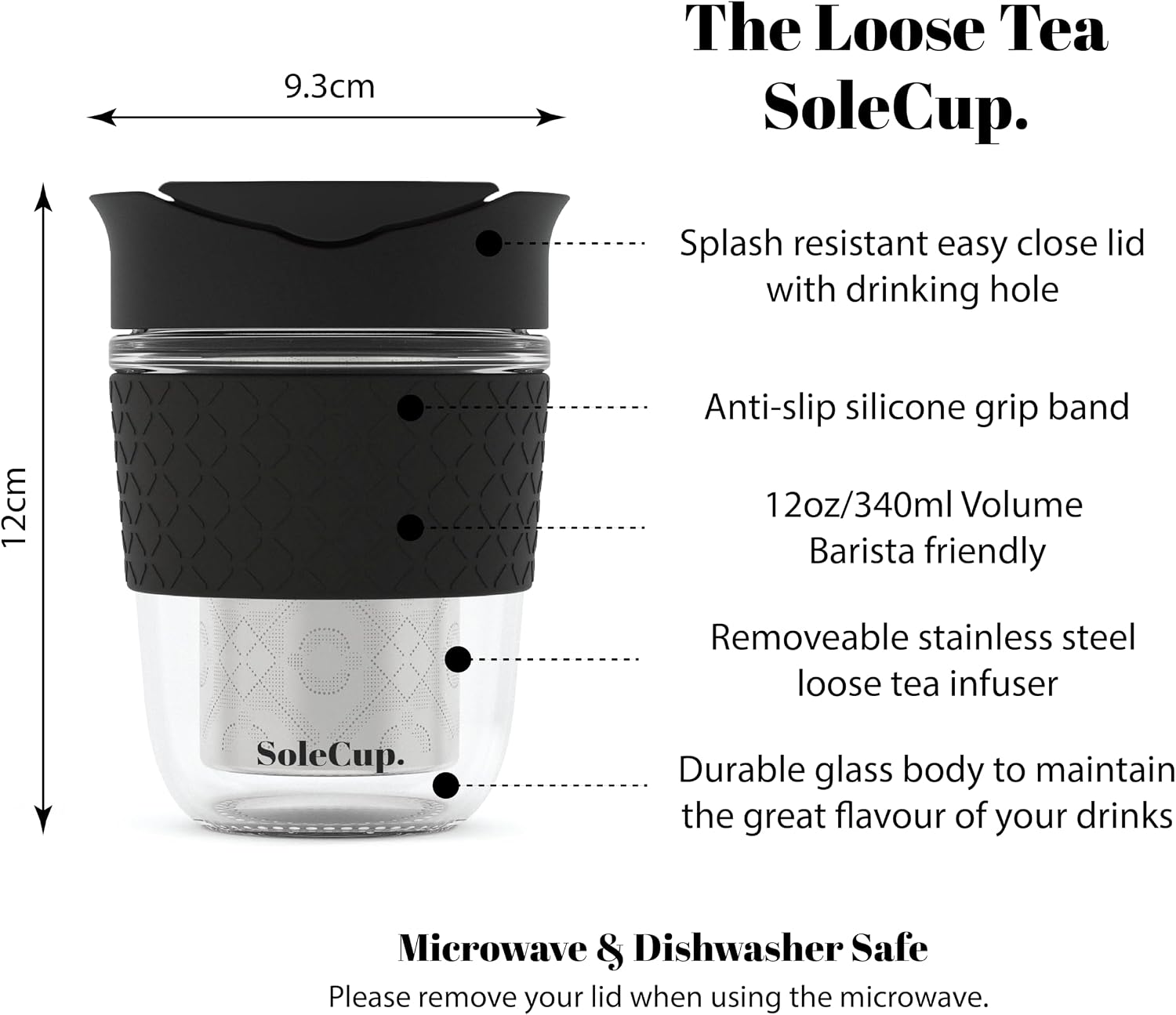 Travel Mug Loose Tea Infuser - Detachable Tea Strainer with Spillproof Lid - BPA-Free Reusable Glass Travel Coffee Cup with Silicone Band (Black, 12oz) image 2