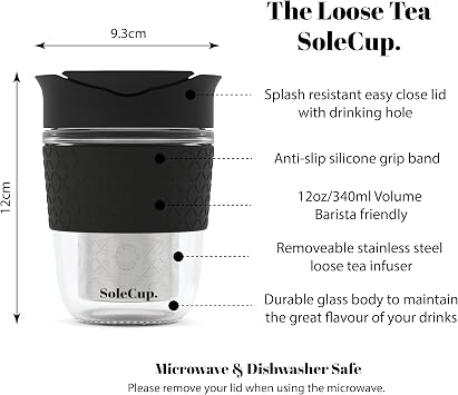 Travel Mug Loose Tea Infuser - Detachable Tea Strainer with Spillproof Lid - BPA-Free Reusable Glass Travel Coffee Cup with Silicone Band (Black, 12oz)