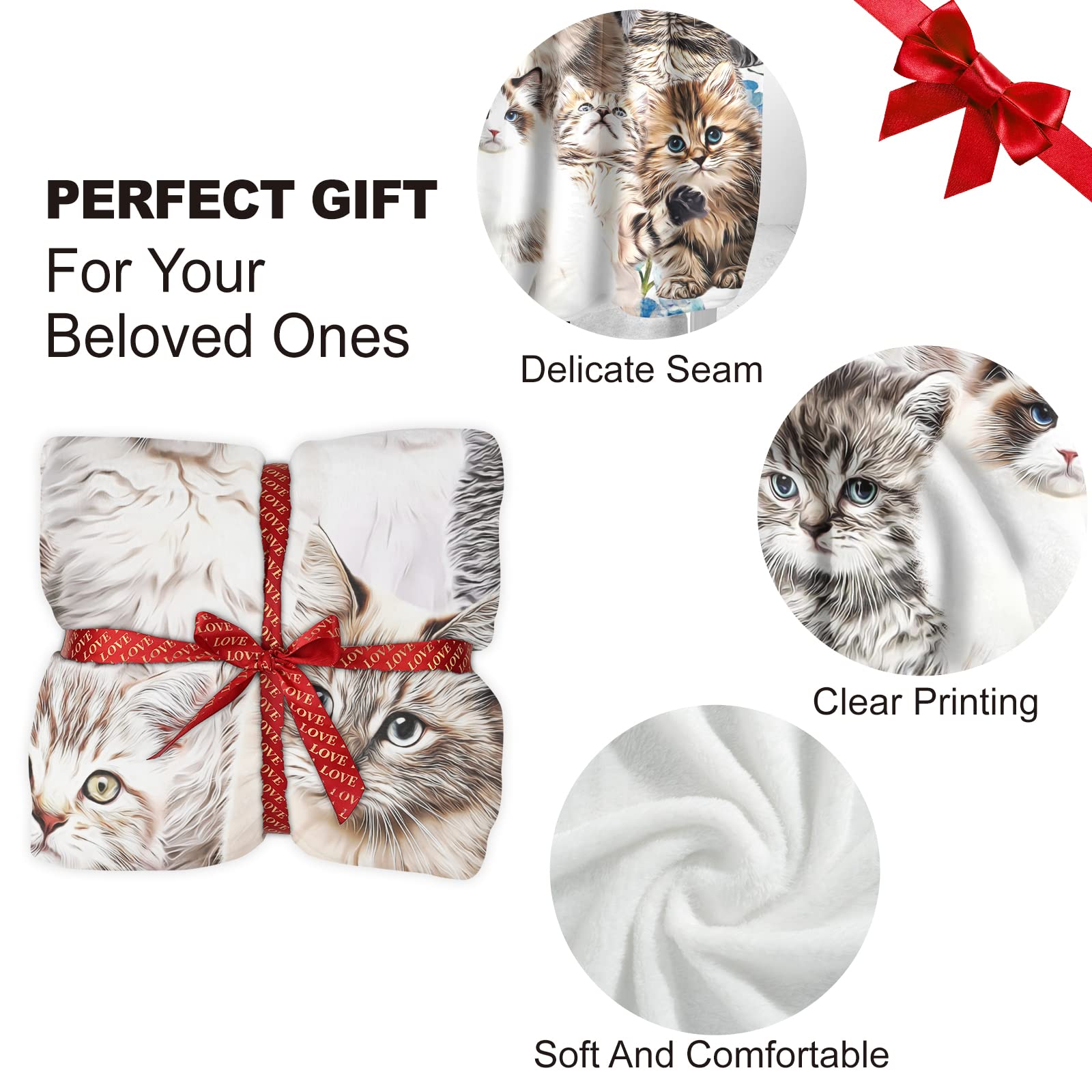 Couverture Polaire 180x220 Cm Chat Mignon, Plaid Polaire Chat Mignon Flanelle 2 Personnes, 3D Imprimée Couvertures Et Plaids Doux Et Chaud For Canape Lit