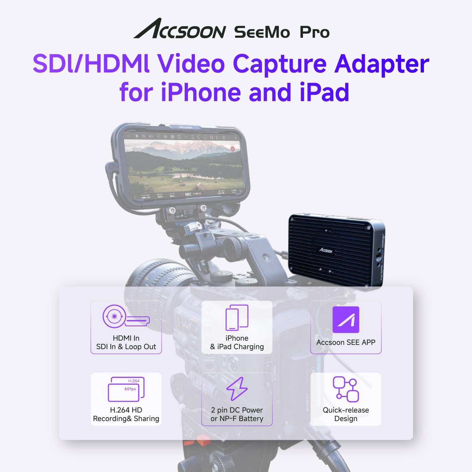 Accsoon SeeMo Pro - Adaptador de grabación de vídeo SDI y HDMI a USB-C para y iPad, Compatible con vídeo 1080P 60FPS y monitoreo en Tiempo Real, Streaming/grabación