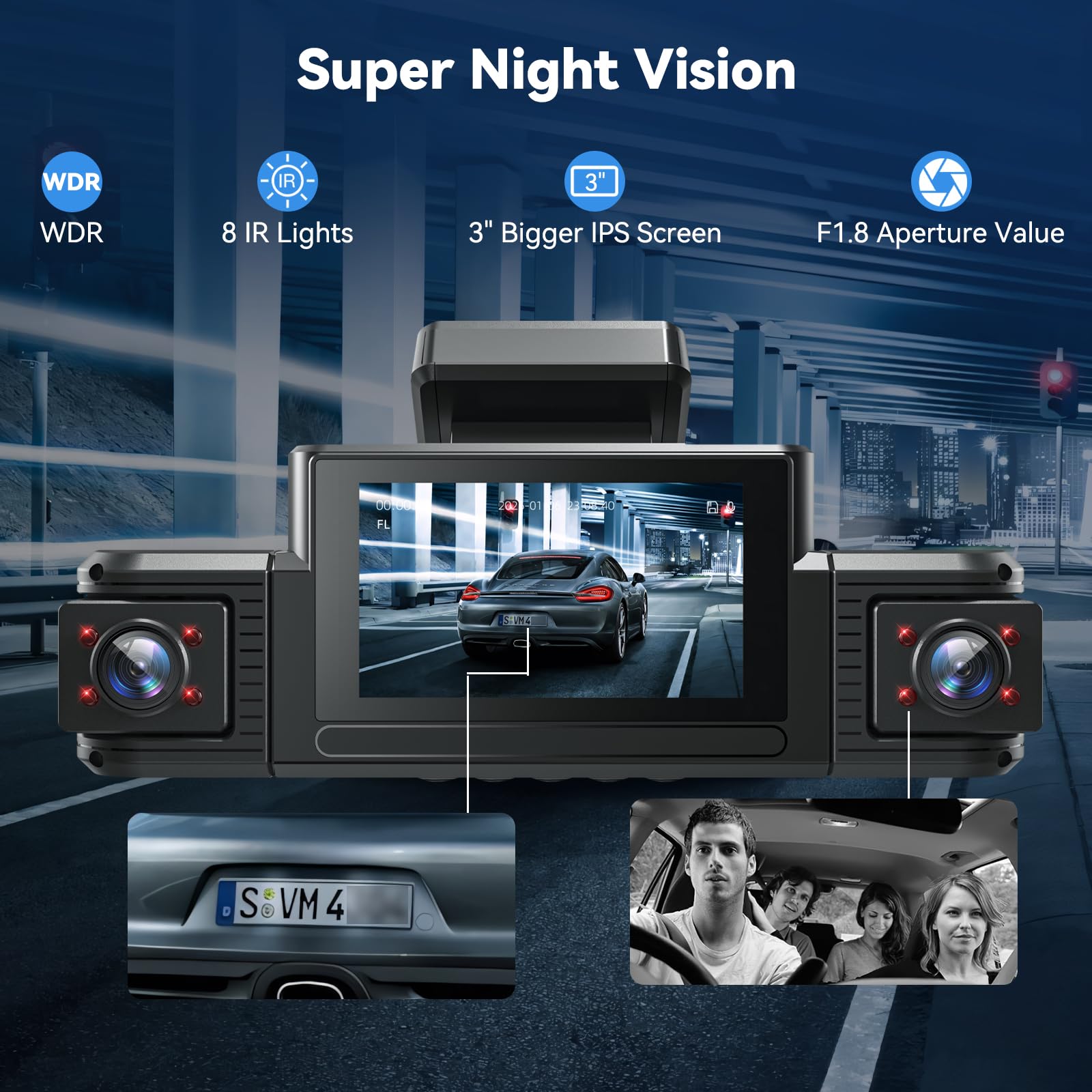 4 Kanal Dashcam Auto Vorne Hinten 4K+1080P mit WiFi,Dash Cam Auto Kamera 3" IPS Bildschirm,Kostenlose 64 GB Karte,Nachtsicht,G Sensor,Loop-Aufnahme,APP Steuerung,170°Weitwinkel WDR