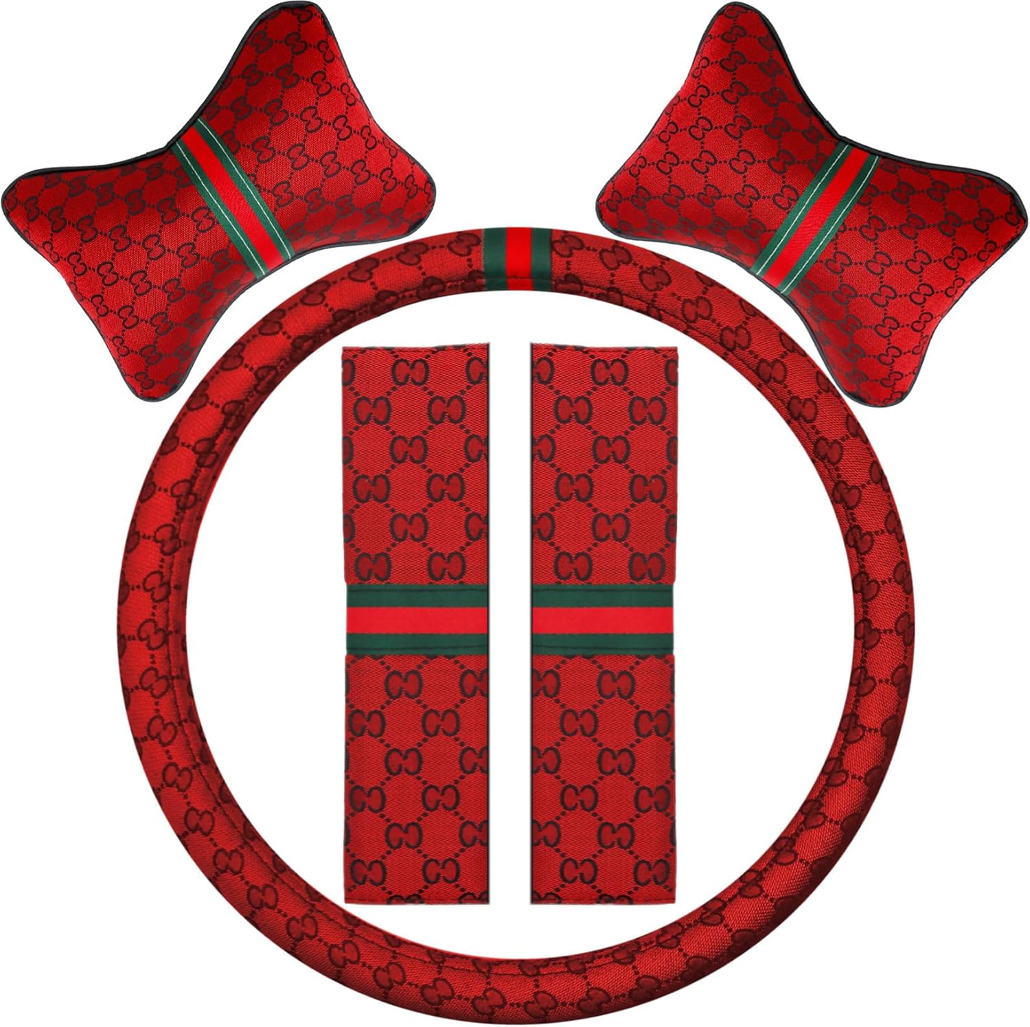 5PCS Steering Wheel Cover, with 2 Headrests, 2 Seat Belt Covers - Universal Fit for 14.5-15" Steering Wheel, Enhances Driving Experience - Perfect for Women (Red)