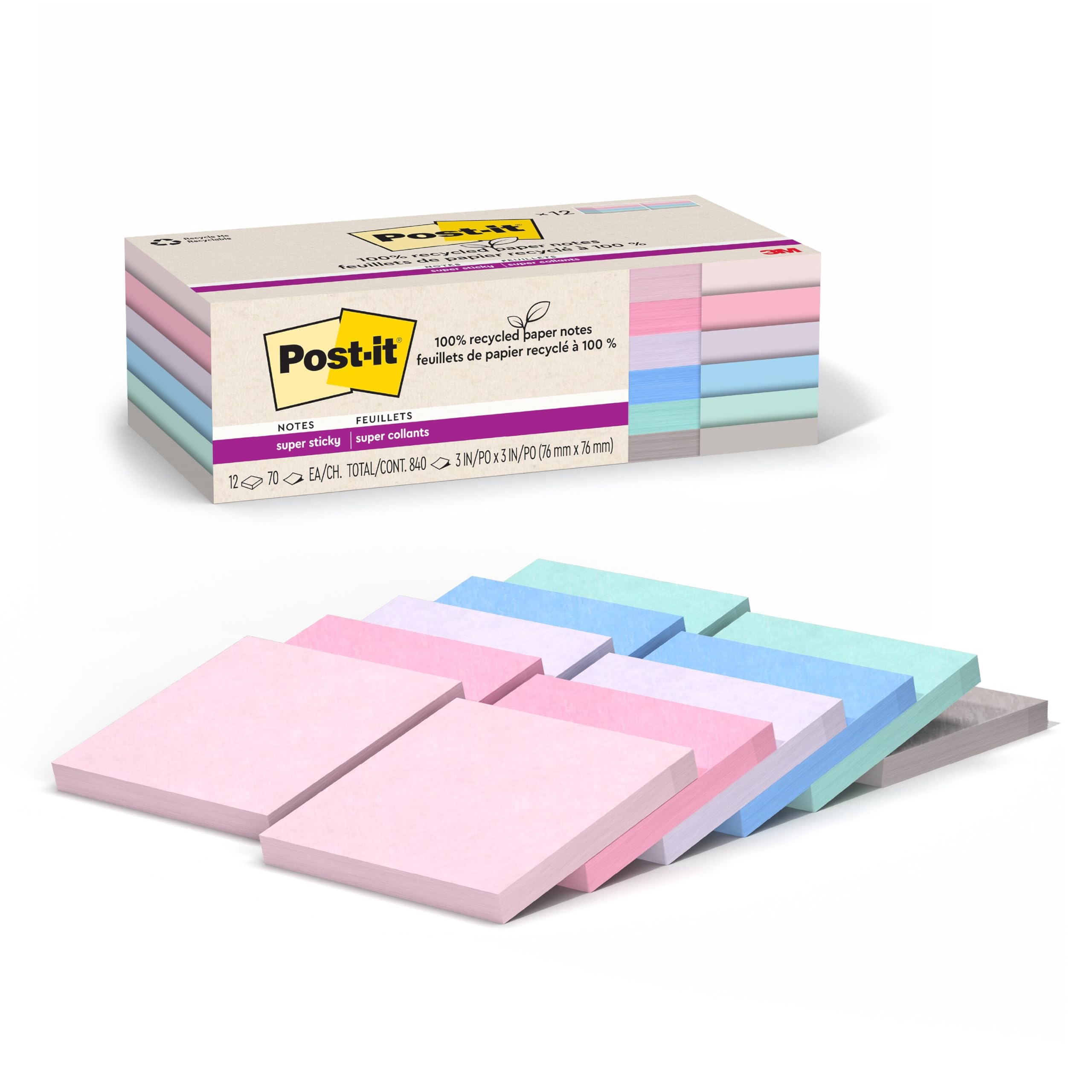 Post-it 100% Recycled Paper Super Sticky Notes, 3 in. x 3 in., 12 Pads, 70 Sheets per Pad, Wanderlust Pastels, School Supplies and Office Products