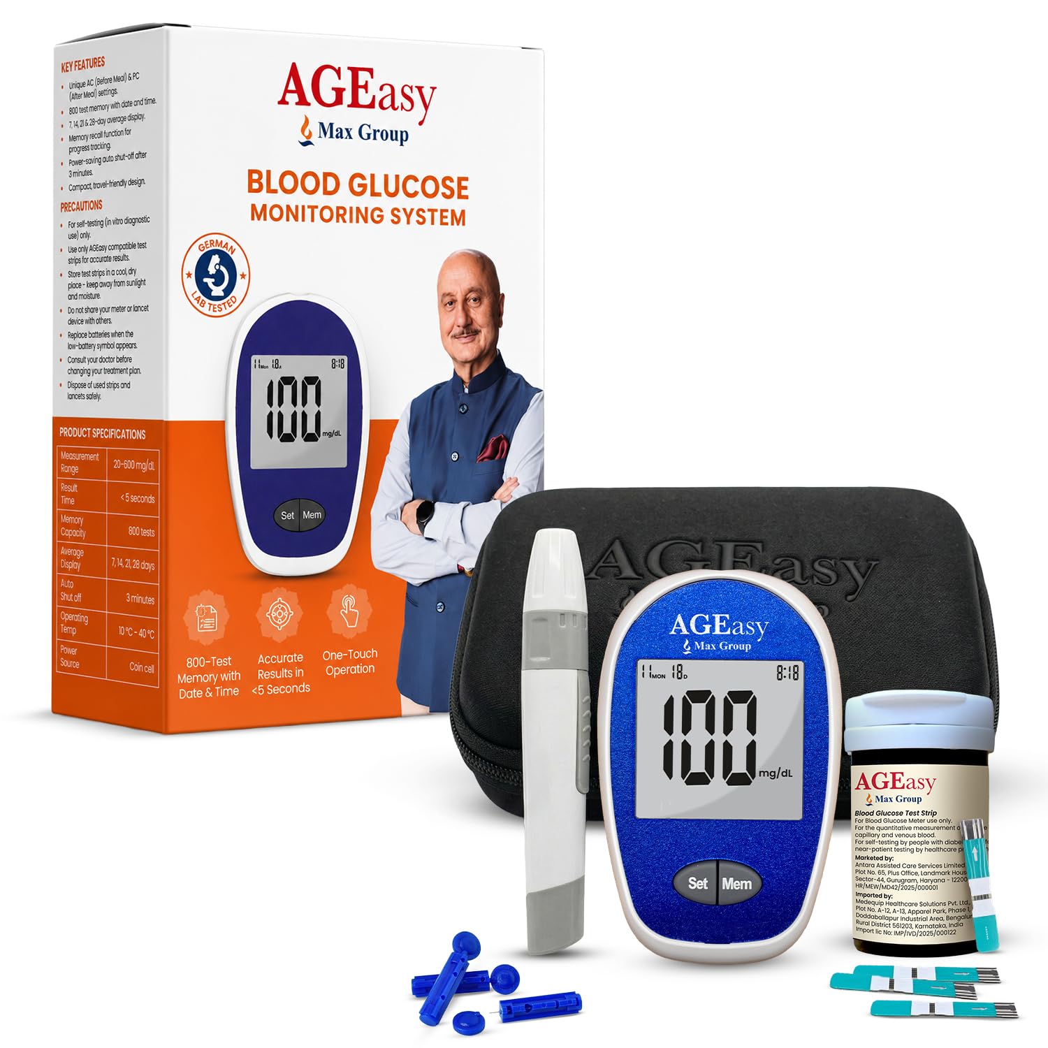AGEasy (Max Group) Blood Glucose Monitor with 50 Strips | Accurate & Fast Diabetes Testing Kit | Large LCD Display, Easy to Use, Portable | Stores upto 800 Readings | One touch operation Glucometer-image-8