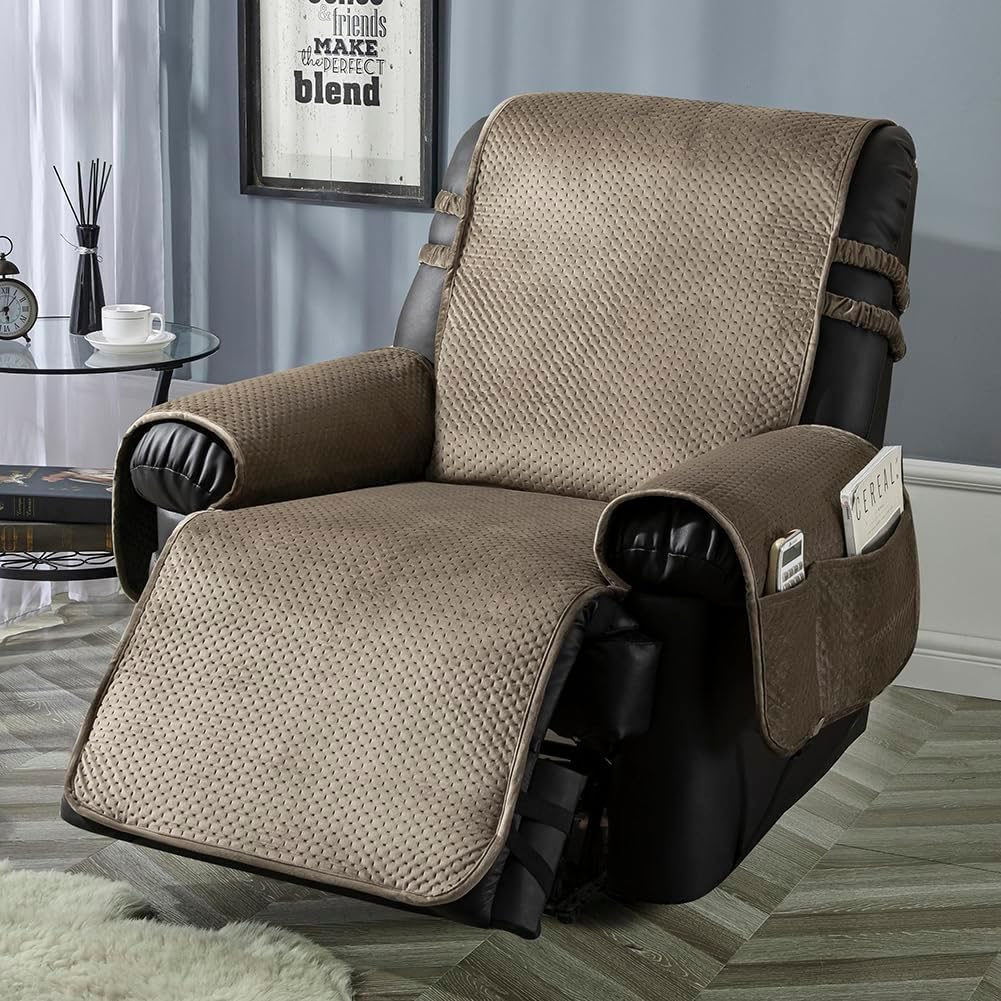 STONECREST Recliner Chair Cover, Water Resistant Velvet Quilted Slipcover, Stay in Place (Black/Grey, Recliner 23" Regular)