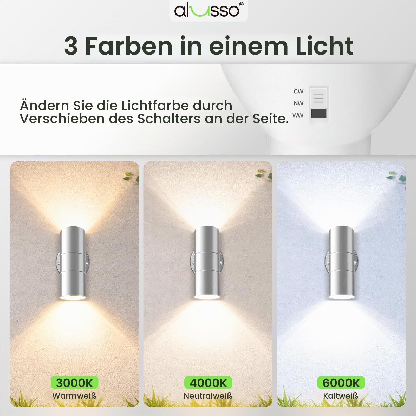 ALUSSO Aussenlampe Wand, 750LM 3CCT, inkl.4×8W GU10, Silber, 2er Set | Up Down Wandleuchte 3000K/4000K/6000K, Wandlampe IP65 Wasserdicht für Garten