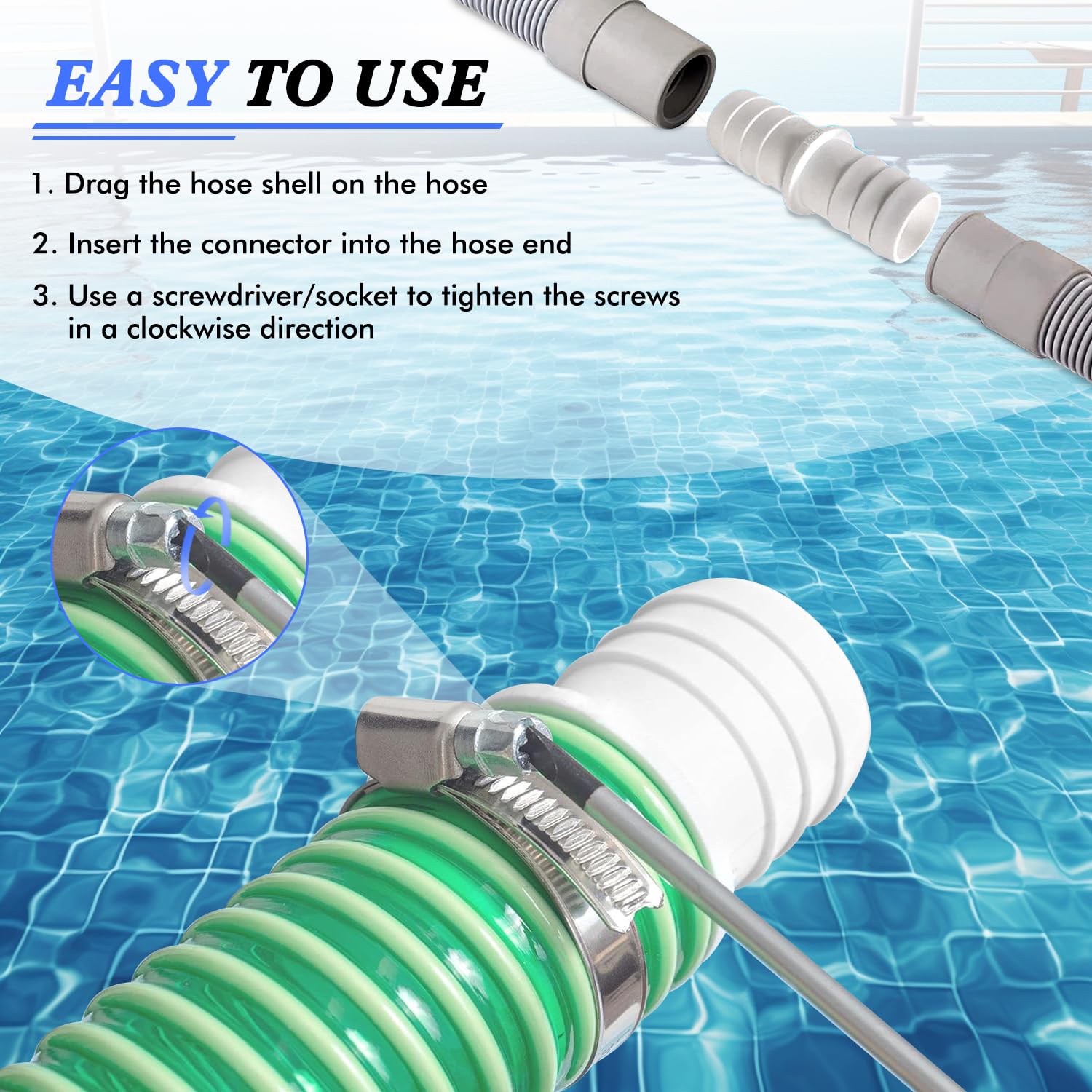 2 connettori per tubi da 32 mm a 32 mm di diametro, set con 4 fascette stringitubo, adattatore per tubo flessibile (bianco