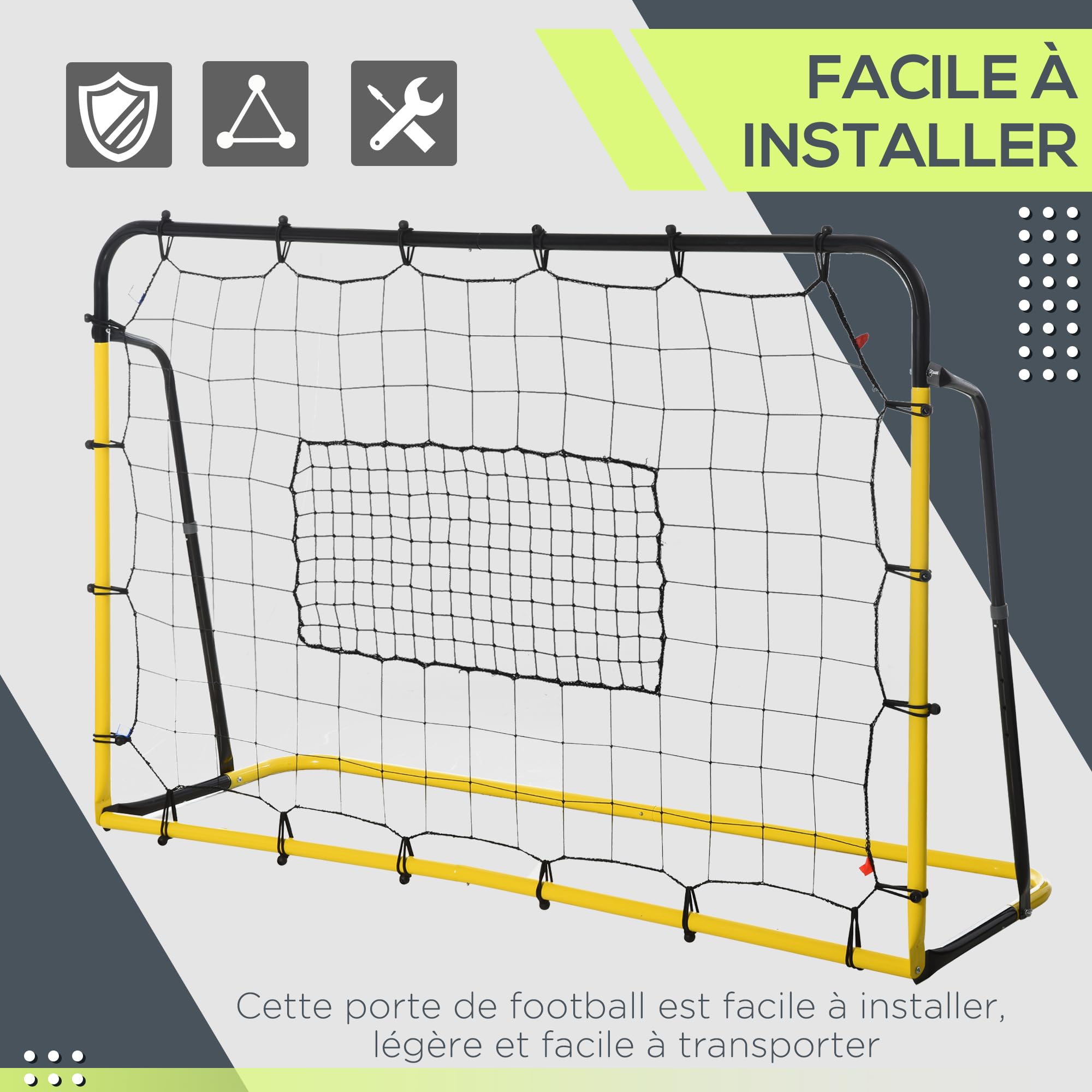 HOMCOM Filet de Rebond de Football, 184L x 123H cm, rebondisseur de Football, 5 Angles réglables de 60° à 90°, pour l'entraînement de Football, de Baseball, de Basket-Ball, Jaune et Noir