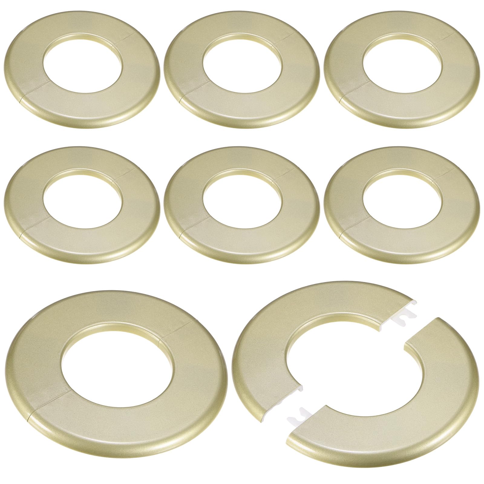 M METERXITY 8-Pack Wall Split Flange, 64mm[2.52"] ID ABS Round Self-Adhesive Escutcheon Plate Cover Buckle for Pipe Accessories/Floor/Ceiling, Plumbing Cover Plates [Gold, 130mm 5.12" OD]