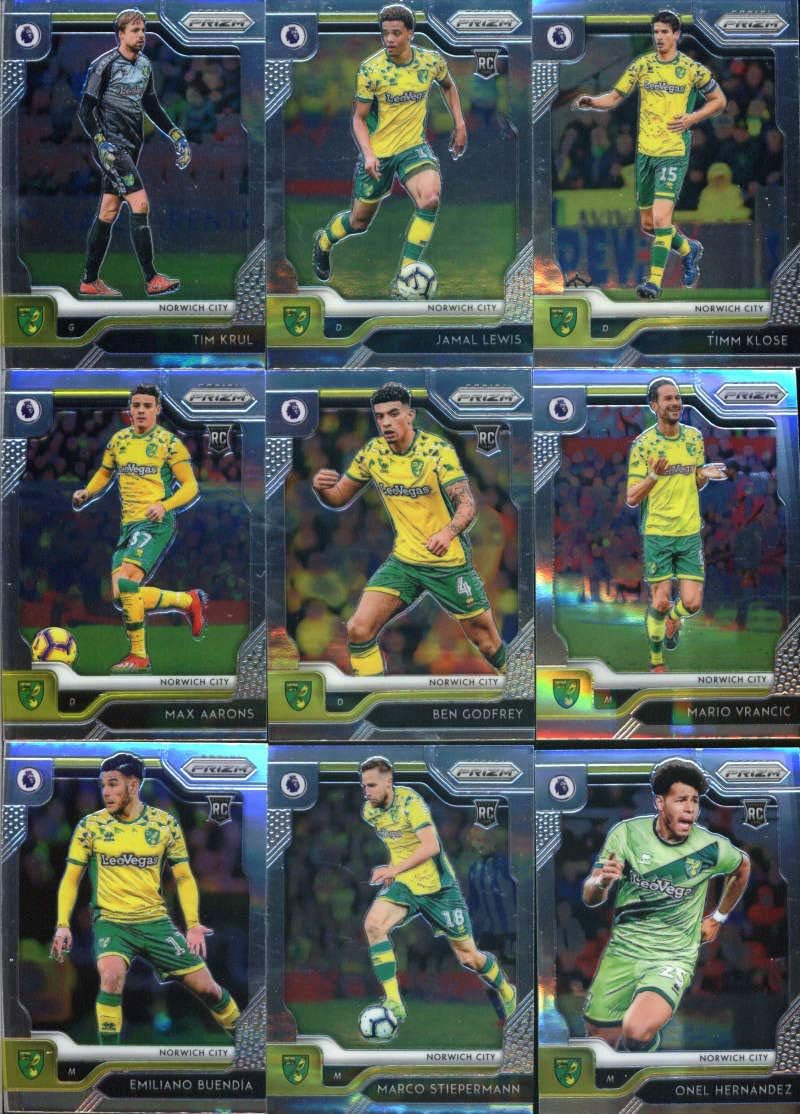 2019-20 Panini Prizm Premier League Soccer Norwich City Team Set of 12 Cards: Tim Krul(#277), Jamal Lewis(#278), Timm Klose(#279), Max Aarons(#280), Ben Godfrey(#281), Mario Vrancic(#282), Emiliano Buendia(#283), Marco Stiepermann(#284), Onel Hernandez(#285), Alexander Tettey(#286), Christoph Zimmermann(#287), Teemu Pukki(#288)