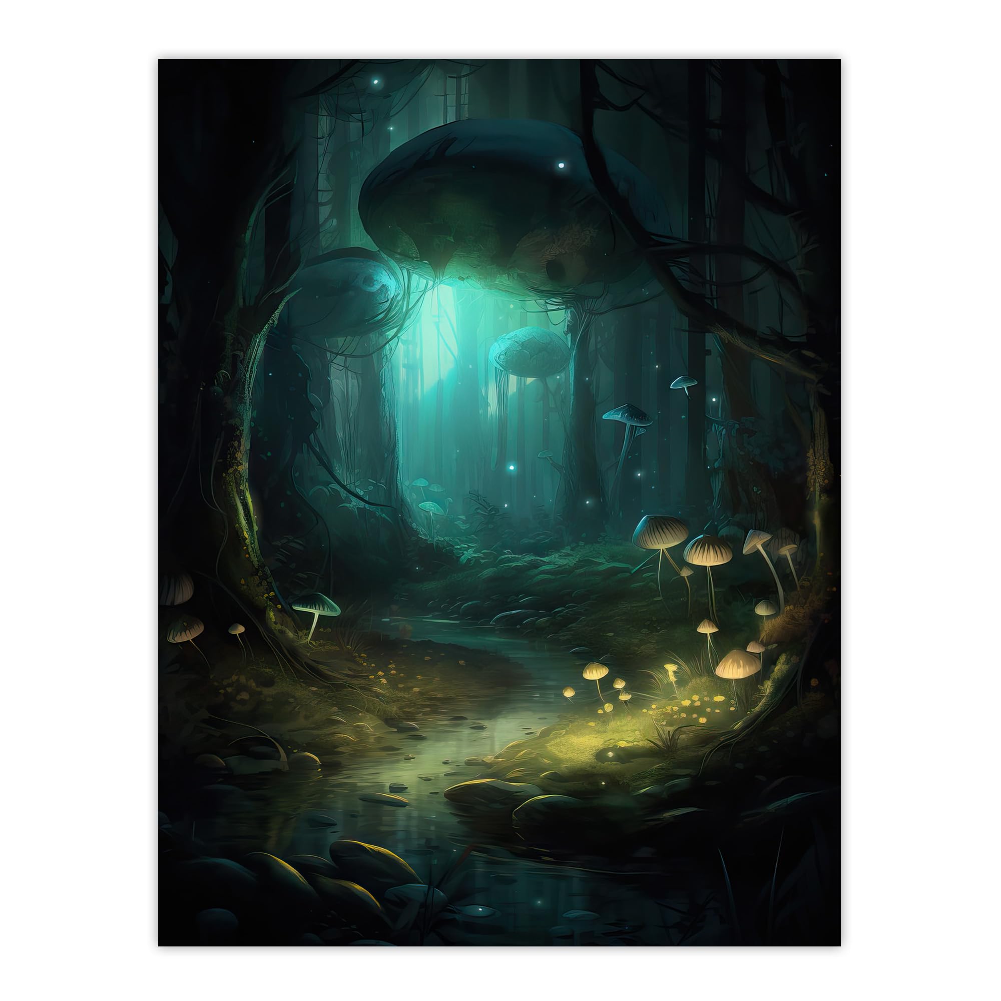 Artery8 Enchanted Forest With Bioluminescent Mushrooms Oil Painting Stream In Moonlit Fantasy Landscape Colourful Magical Nature Mystical Modern Extra Large XL Wall Art Poster Print