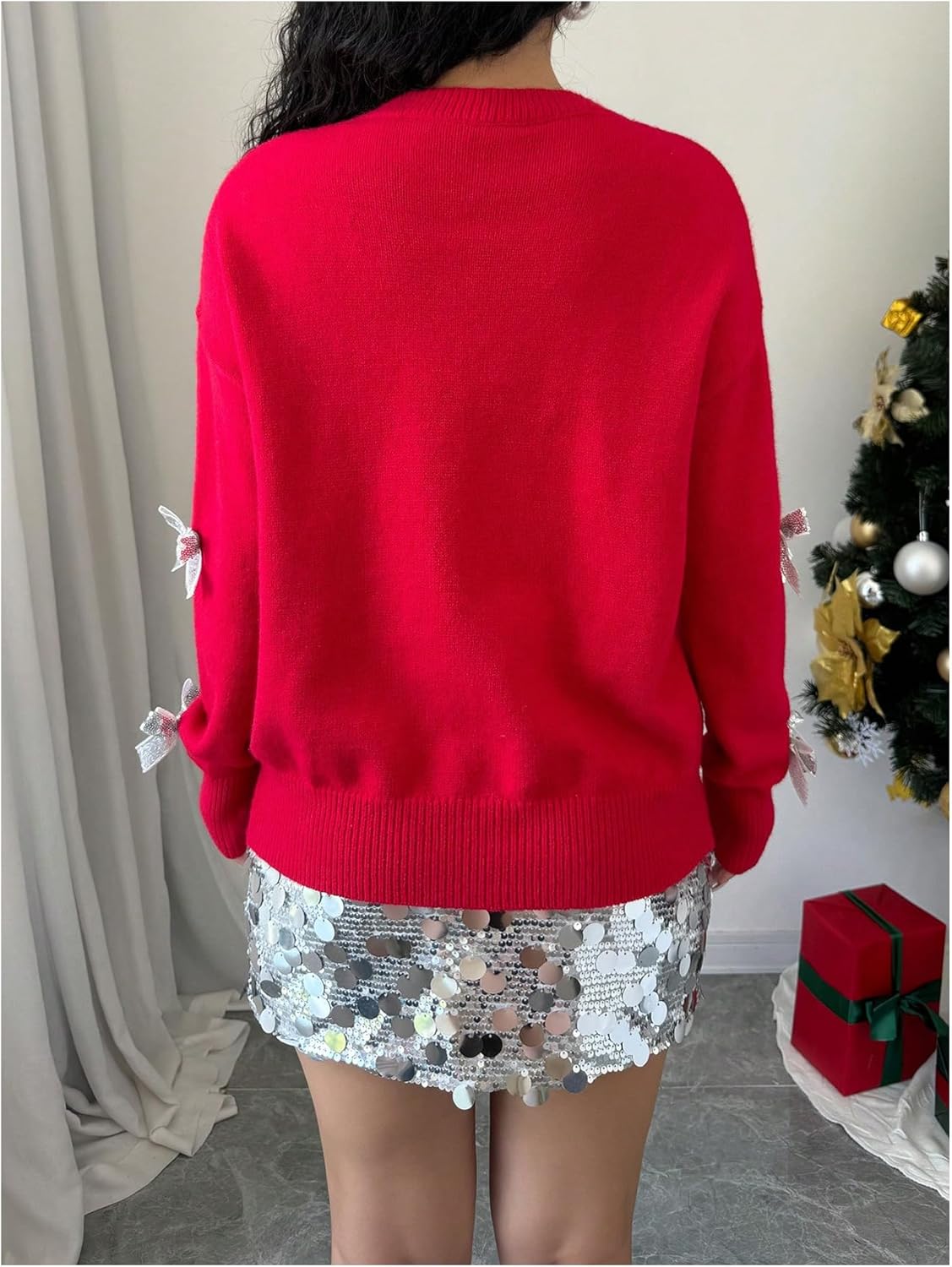 SweatyRocks Women's Cute Bow Crew Neck Loose Sweaters Casual Long Sleeve Knitted Pullovers Tops - Image 3