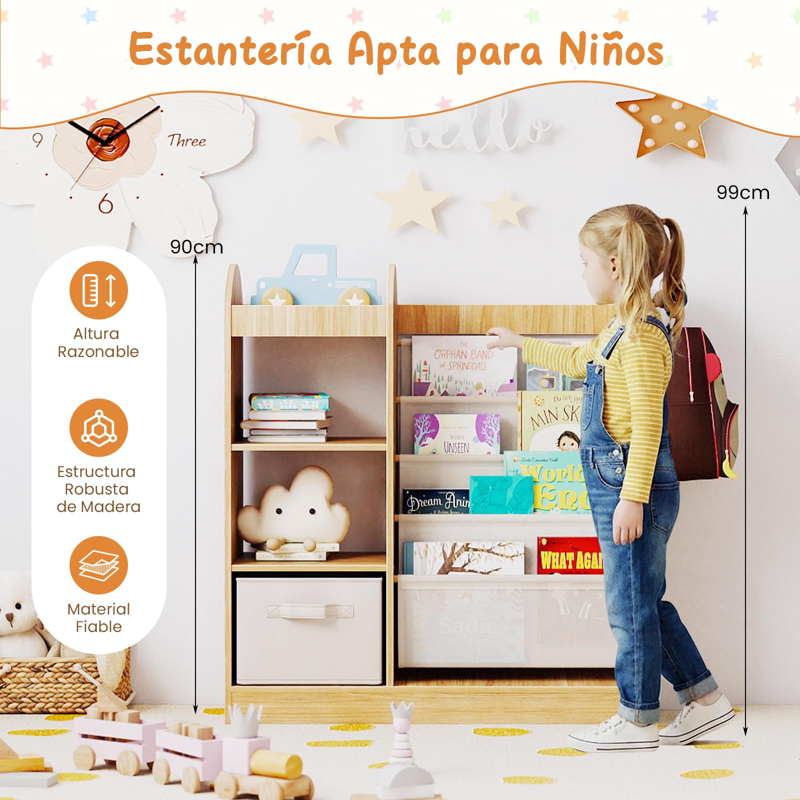 COSTWAY Librería Infantil, Estantería Infantil para Libros con Espejo de Cuerpo Entero, Cajón y Estantes de Tela de 4 Niveles, Librería Montessori para Sala de Juegos para Niños de 3+ Años (Natural)