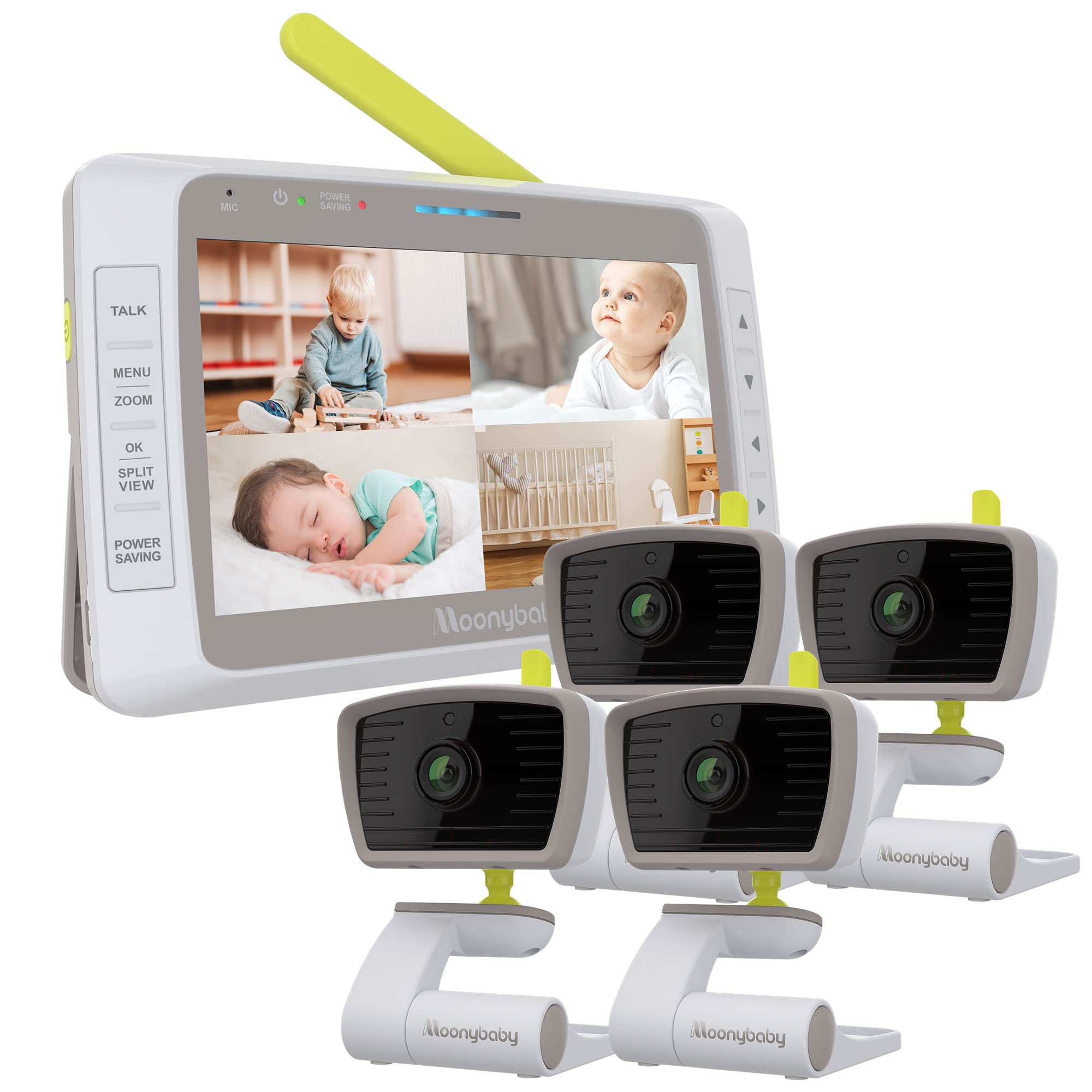 MoonybabySplit 50 Baby Monitor with 4 Cameras for 4 Rooms, 5" HD Large Screen with Wide View, Auto Noise Reduce, Low EMF & No WiFi, Zoom, Sound Activated, Temperature, 2-Way Talk, Auto Night Vision