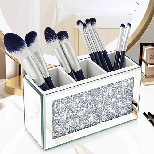 Miniatura 8 de Organizador de brochas de maquillaje plateado con diamante triturado de cristal, estuche de almacenamiento de brochas de cosméticos con 3 ranuras,