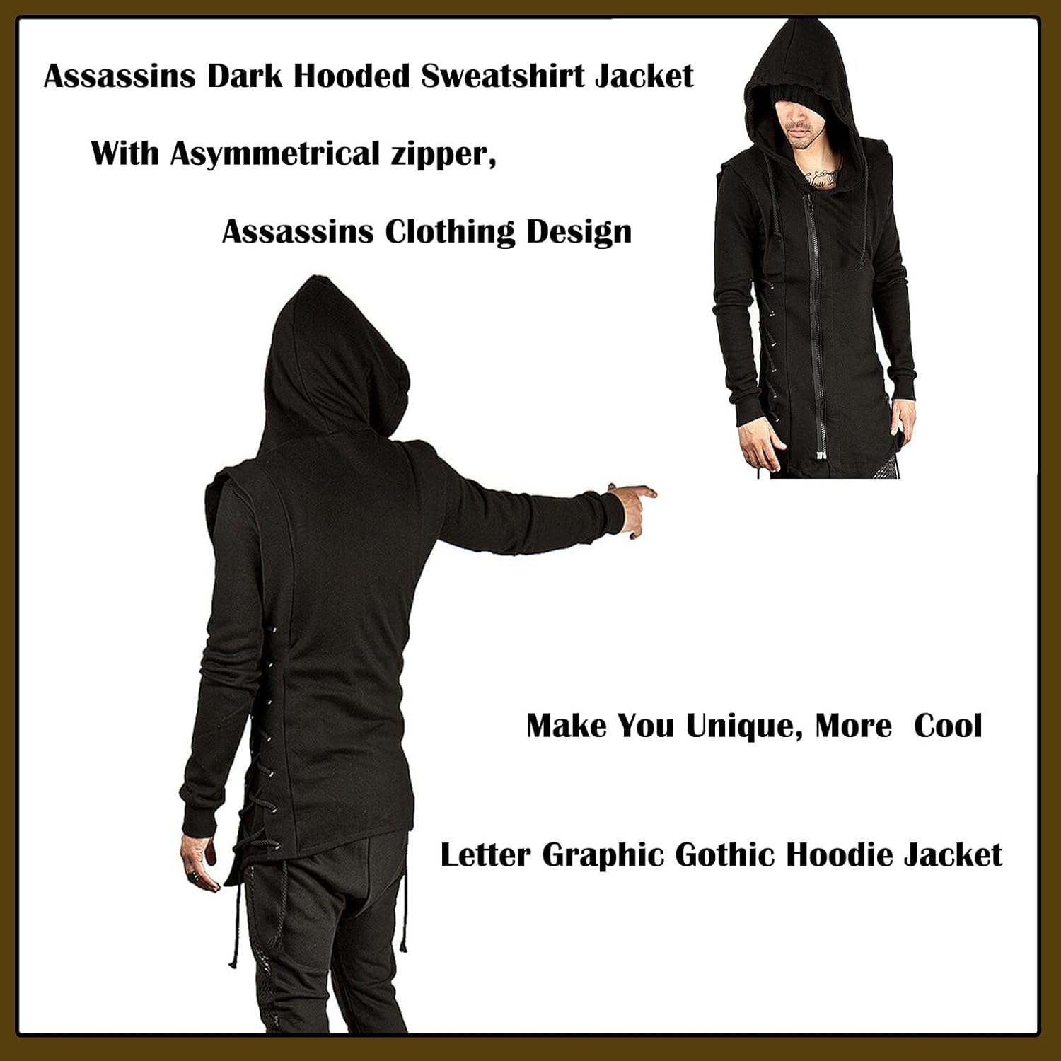 Men Assassin Robe Hoodies Sweatshirts Gothic Asymmetrical Zipper Side Lace Up Fleece Hooded Jacket - Image 5