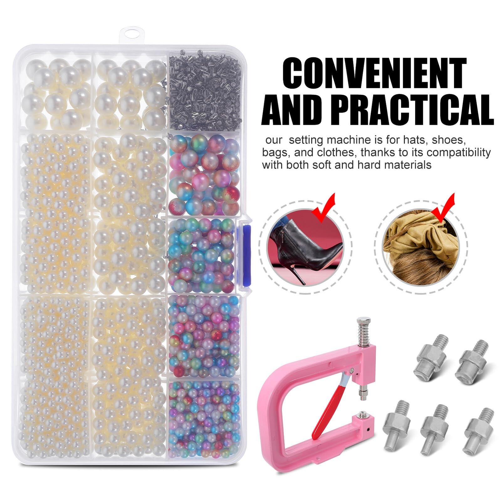 Juego de Herramientas para Engarzar Cuentas Prensa Manual Rosa Kit Máquina para Fijar Perlas Beige Remaches Redondos para Ropa Bolsos Zapatos y Manualidades de Bricolaje