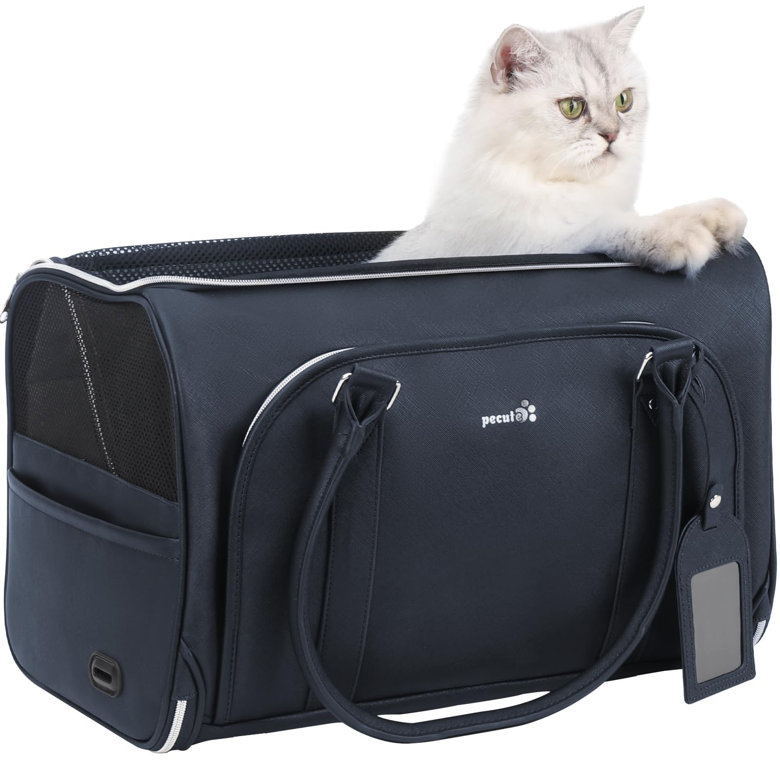Pecute Transportin Gato de Moda, imitación de Cuero Artificial de Tela transportin Perro, Cremallera de Bloqueo, para Viajar, Utilizar el Transporte público o acudir a Citas médicas, Azul Marino