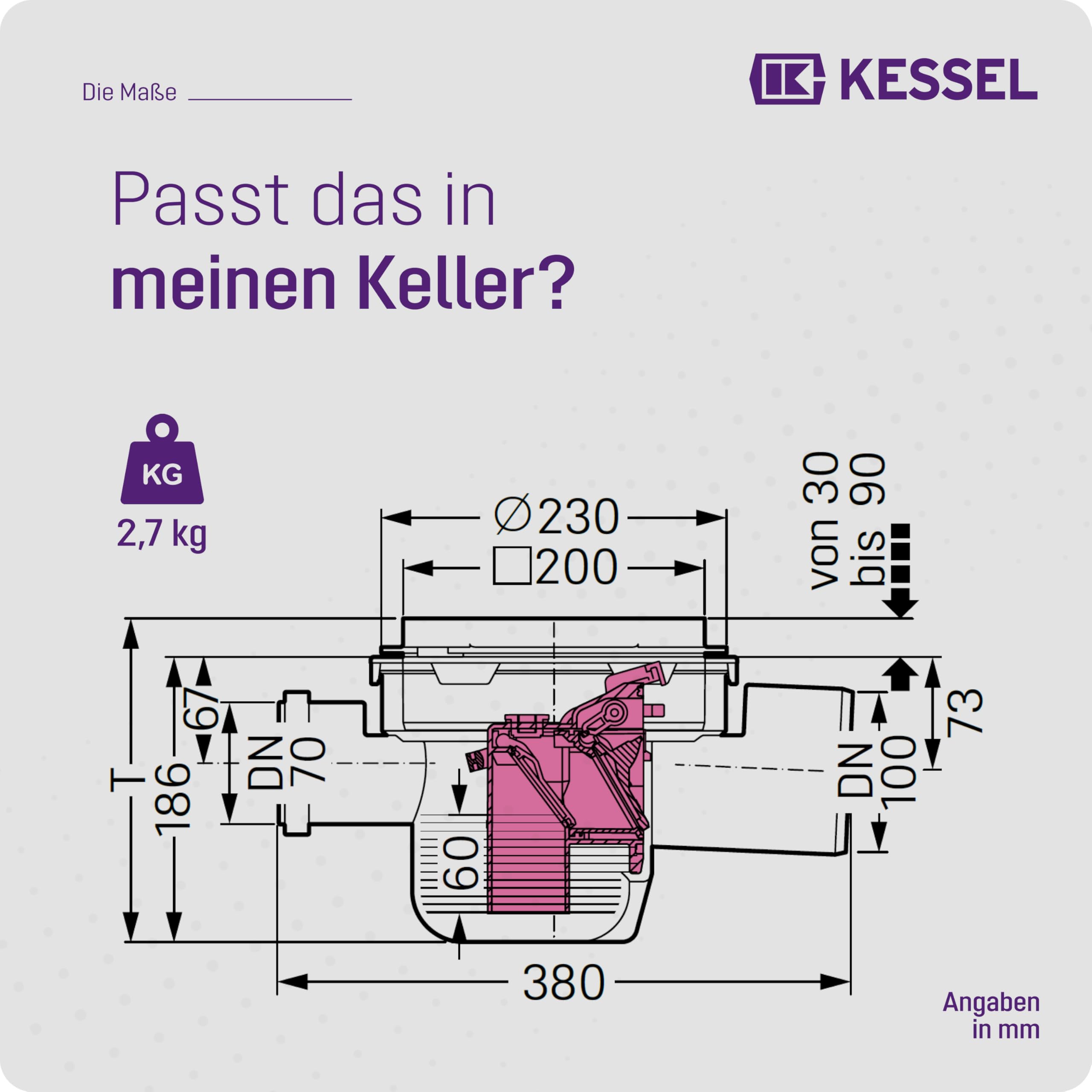 KESSEL Universal-Bodenablauf DN 100 Typ 5, 3 Zuläufe, Rückstauverschluss | Schlitzrost Kunststoff schwarz, 2 Rückstauklappen + Notverschluss, EN 1253