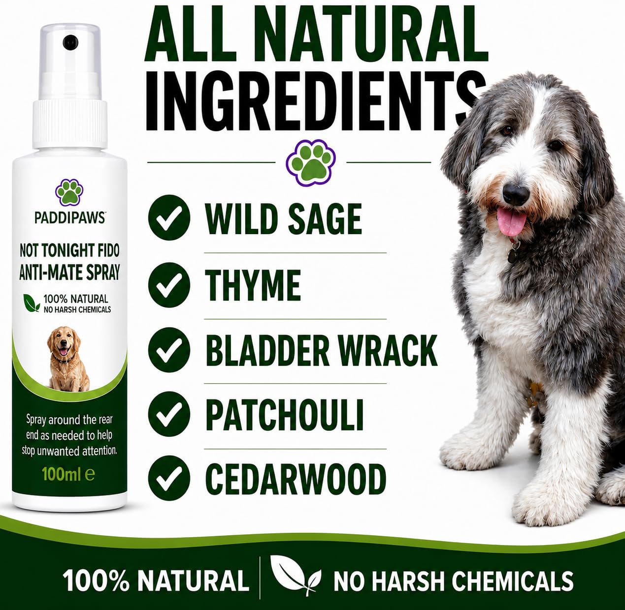 Not Tonight Fido Bitch Spray 100% Naturale Anti-Mate Spray per Cani Aiuta a scoraggiare l'attenzione indesiderata dei cani maschi.