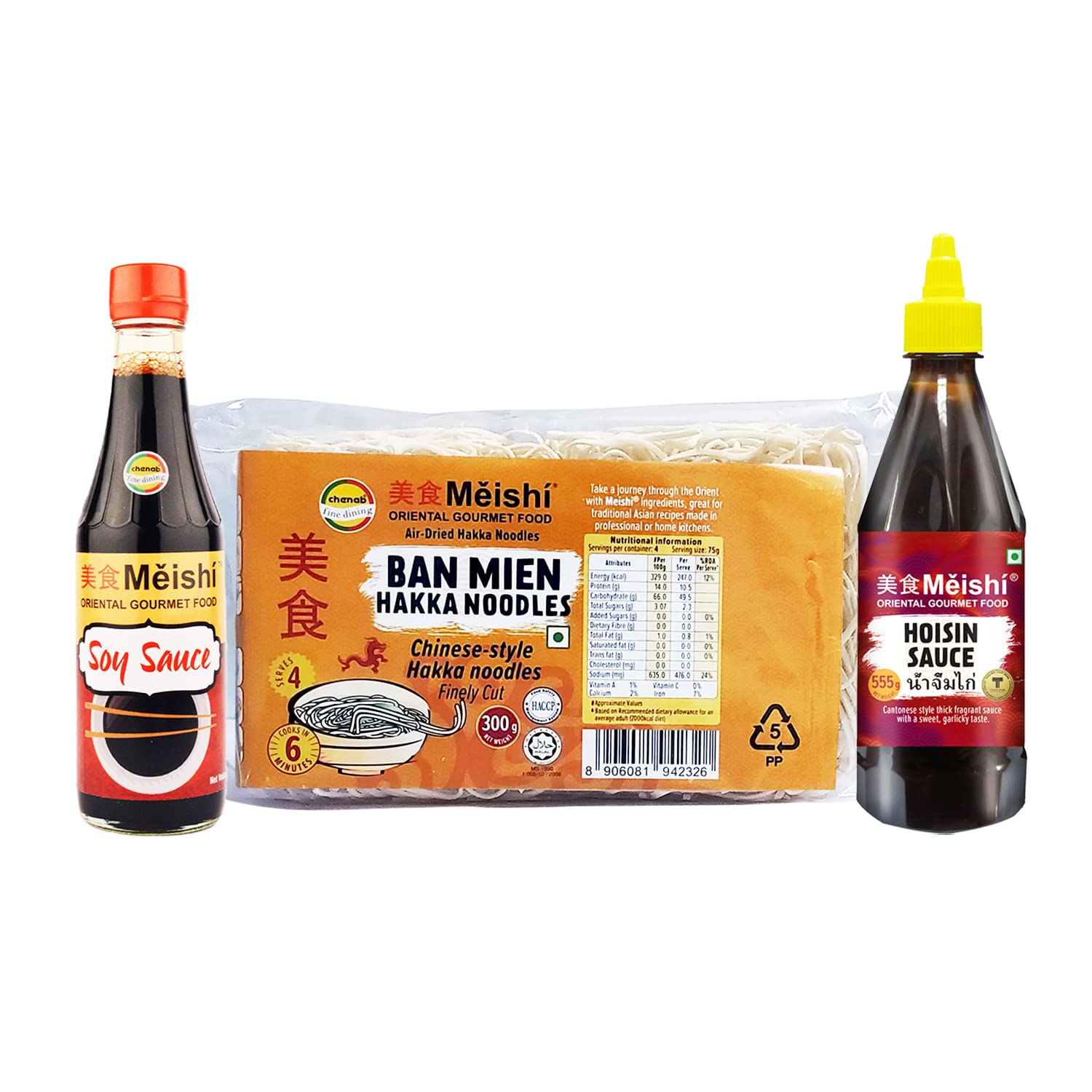 Meishi Chinese combo Pack | Hoisin Sauce | Soy Sauce | Ban Mien Handcut Hakka Fine Noodles