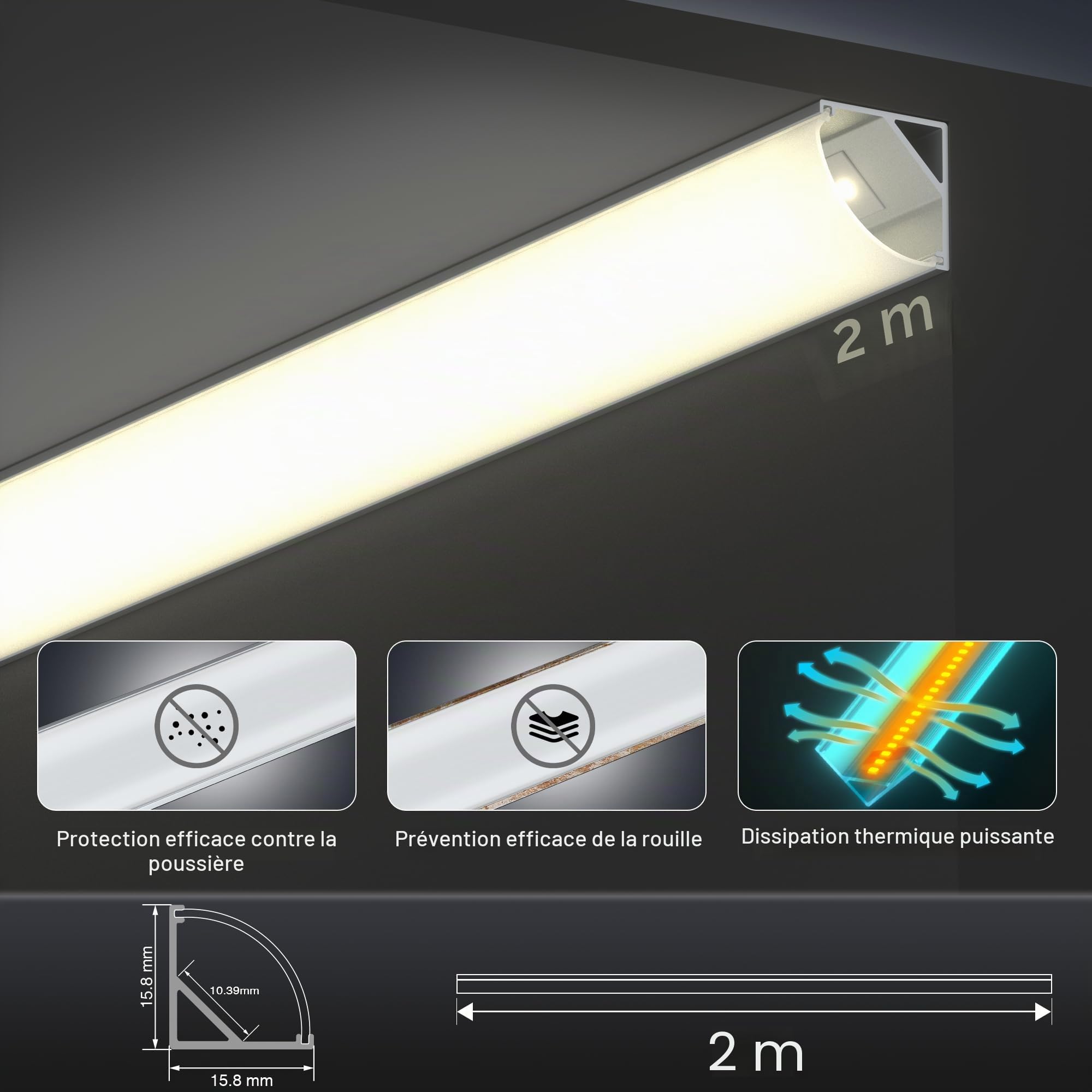 Shine Plus Profilé LED, Profile alu pour ruban 16 × 2mètres, 45 degrés en forme de, avec Couvercle PC Laiteux, Embouts et Clip de Montage pour Bande LED (10pièces × 2m)