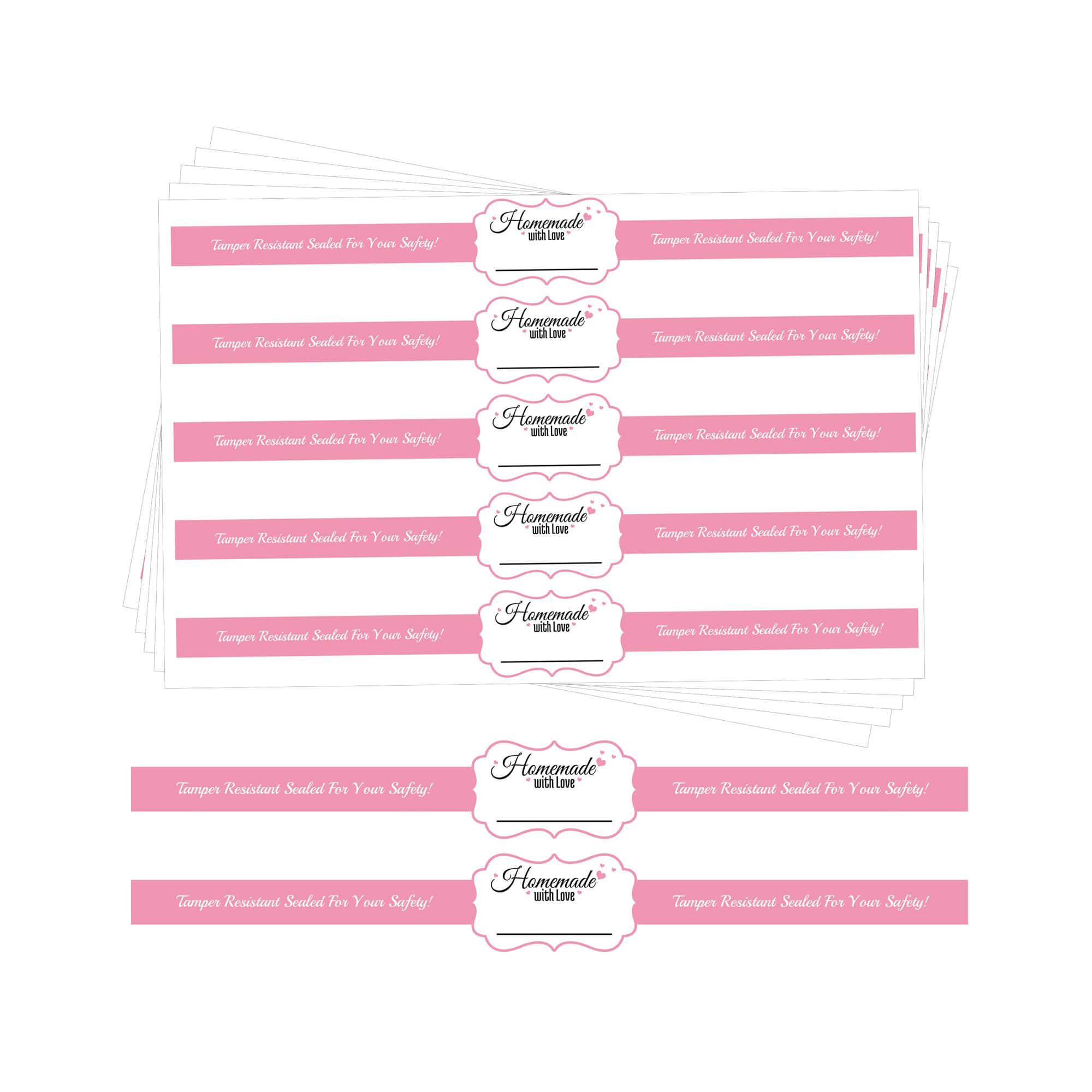 Food Retail Package Seal Stickers 9x1 Inch Write On Homemade with Love Safe Secure Tamper Proof Freshness Evident with Lines Labels for Writing for Handmade Crafted Baking Canning Lids 200 Pcs (Pink)