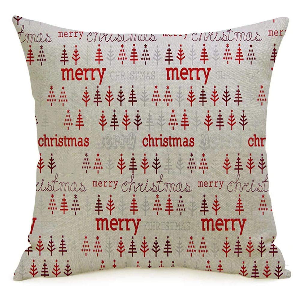 Decorative Square Throw Pillow Cover Red Tree Christmas Pattern Holidays Pink Color Grey Awaresome Lila Trees Retro Design Fashion Text Linen Cozy Cushion Case for Car Couch Lving Room 16x16 Inch