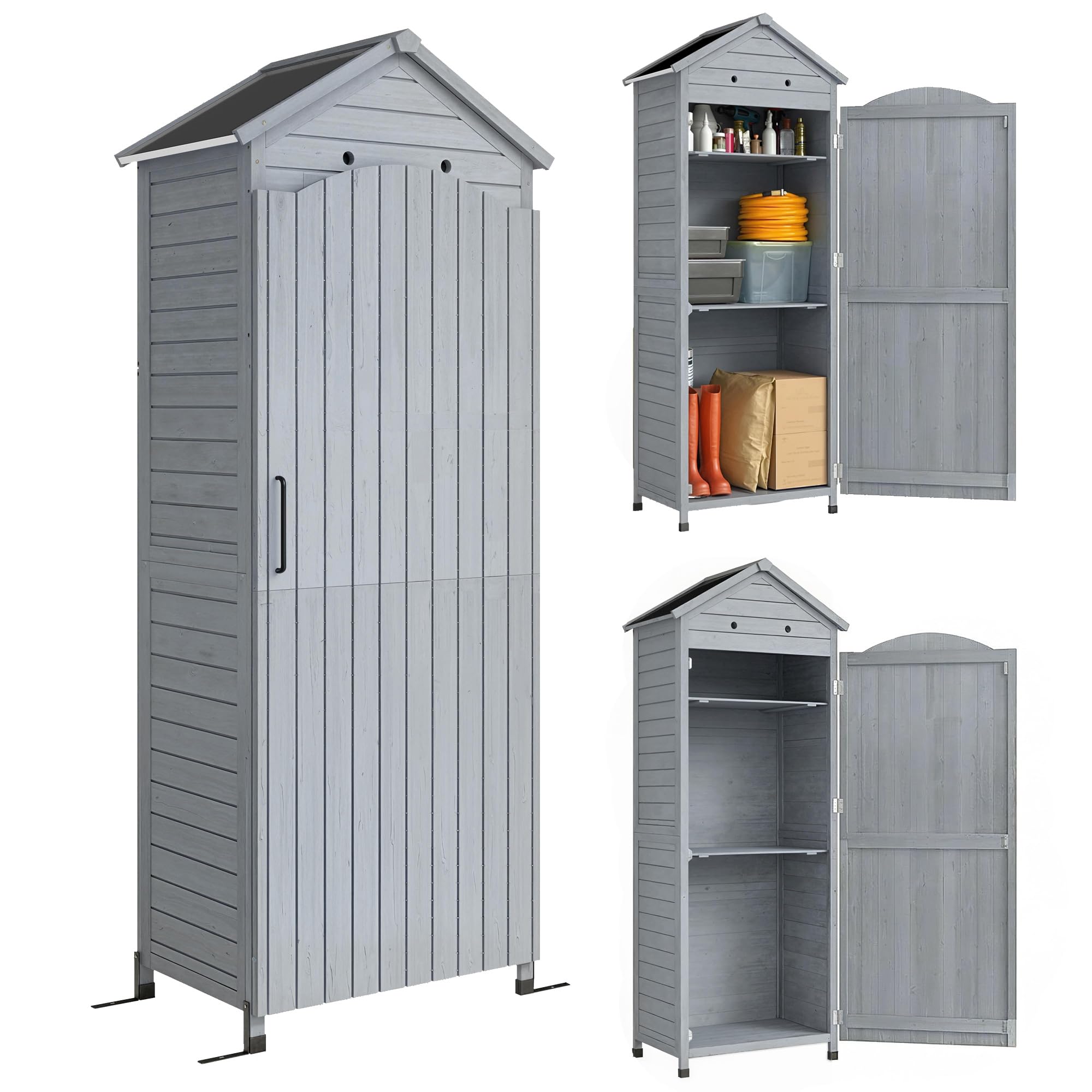 Outsunny Armadio extra alto rimessa attrezzi 85x58x213cm Grigio | Ripiano regolabile, porta magnetica, tetto zincato, ventilazione, anti-ribaltamento, casetta per terrazzo e giardino