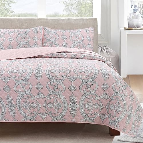 Miniatura 9 de Cozy Line Home Fashions Juego de ropa de cama reversible de microfibra azul cielo, color gris tostado, colcha (medallón moderno, tamaño Queen, 3