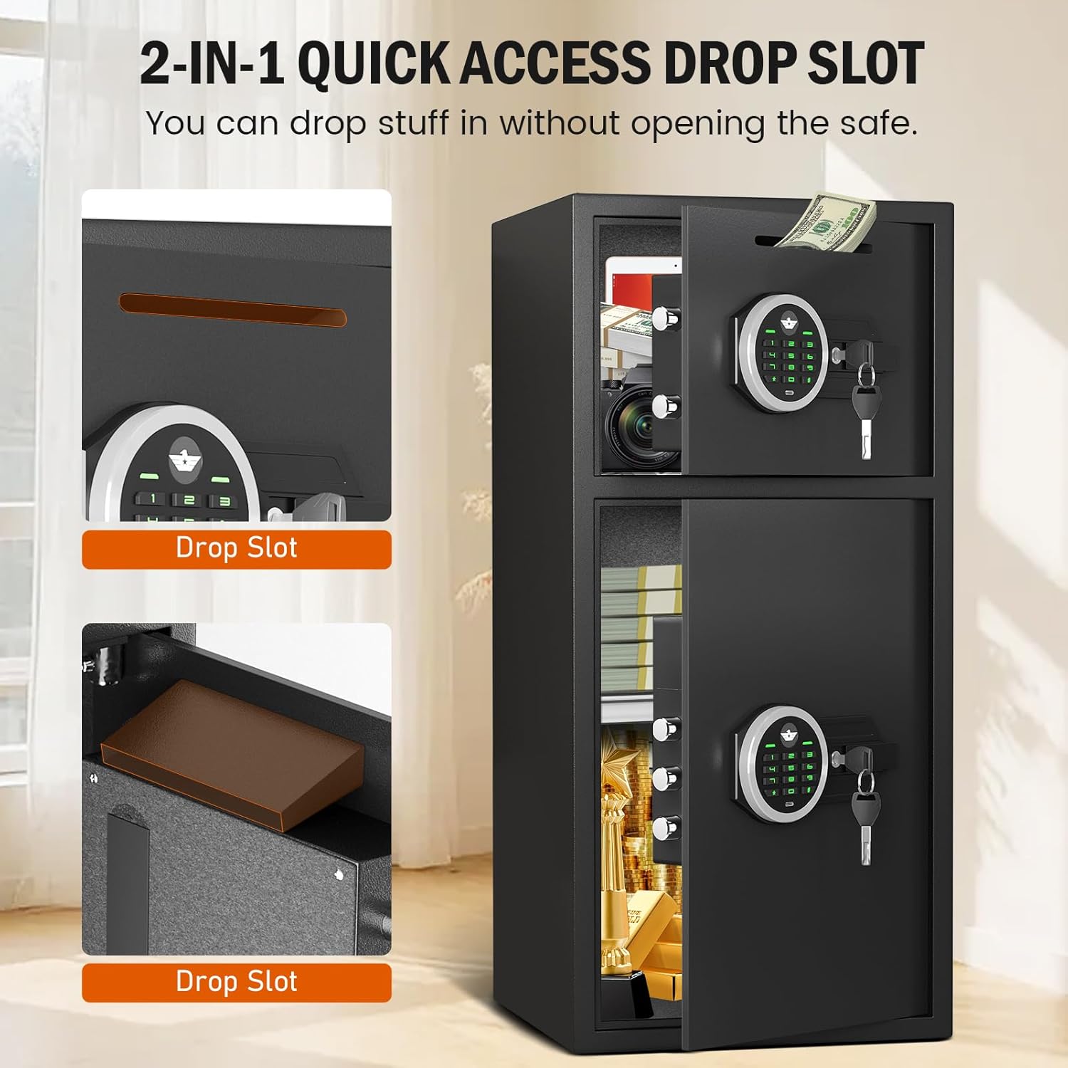 6.0 Cu ft Extra Large Home Safe, Fireproof Waterproof Digital Security Safe with Deposit Slot, Anti-Theft Alarm, Removable Shelf, Soft Lining, and Metal Storage Box for Valuables & Documents